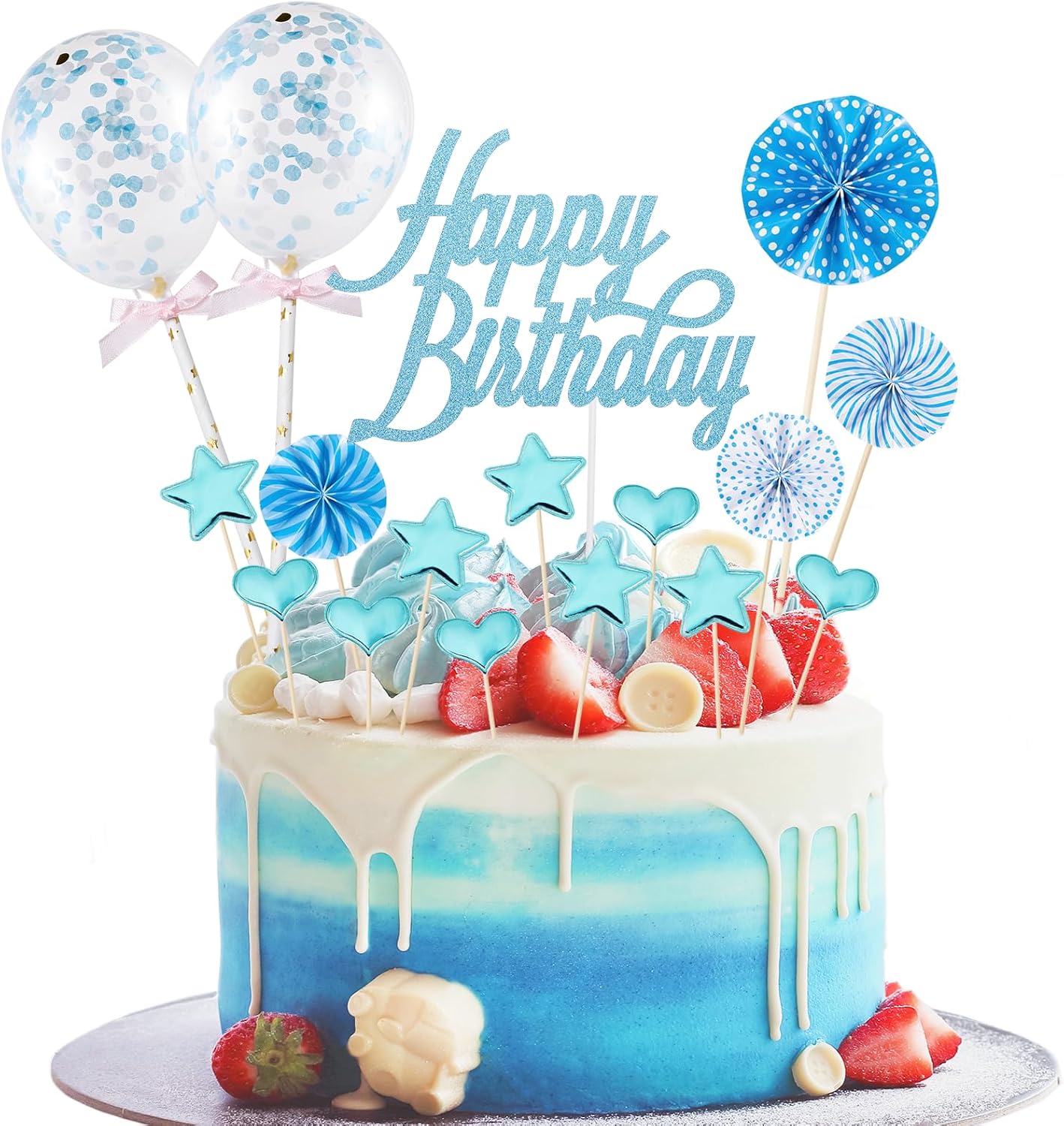 Lot de 17 décorations de gâteau d'anniversaire avec étoiles - Ballons à confettis et éventails en papier - Bleu
