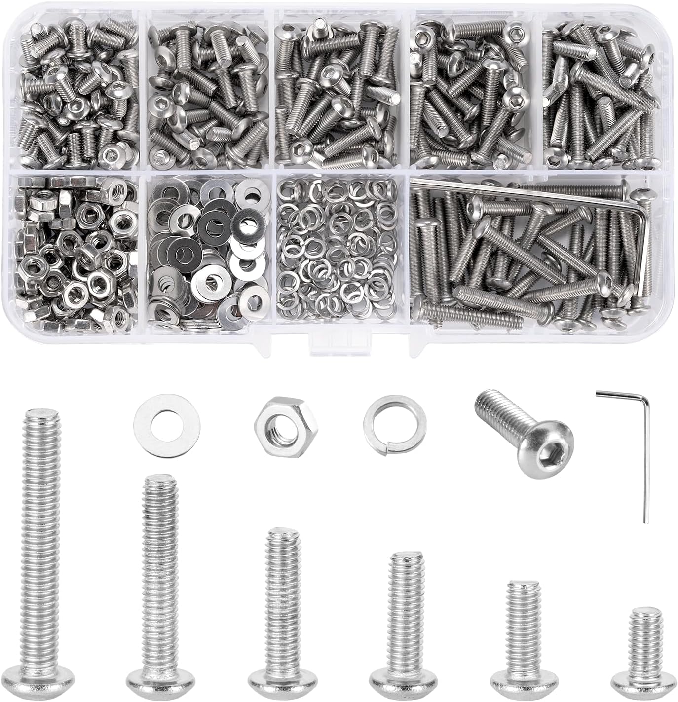 Carehabi 500pcs M3 Stainless Steel Hex Screws Nuts Set M3x6 8 10 12 16 20 with Hex Key