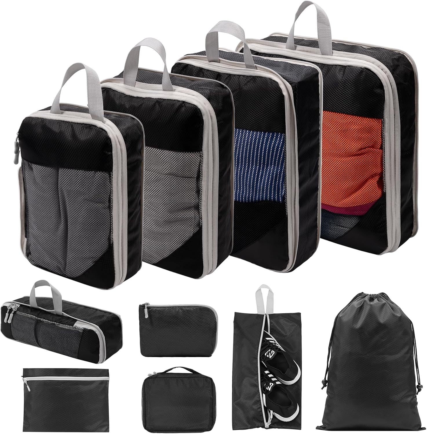 BillyBath Lot de 10 organiseurs de valise, sacs à vêtements, sacs à chaussures, organiseur de voyage, cubes de rangement, pour cosmétiques, sacs de voyage, Noir