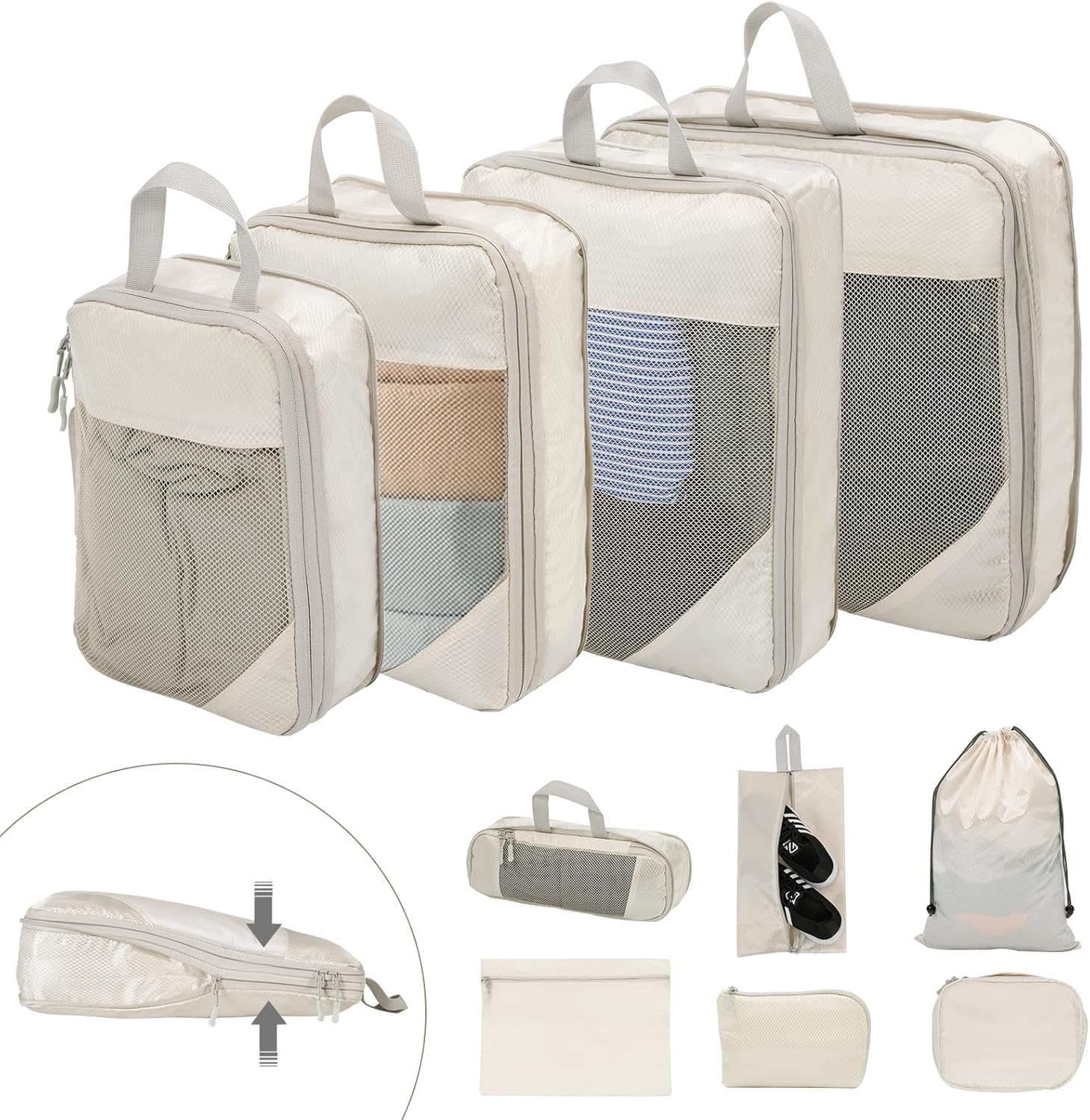 BillyBath Koffer Organizer set 10-teilig, Packing Cubes, Kleidertaschen Schuhbeutel Reiseorganizer Packwürfel Kosmetik Travel Organizer Packtaschen für Koffer (Beige)