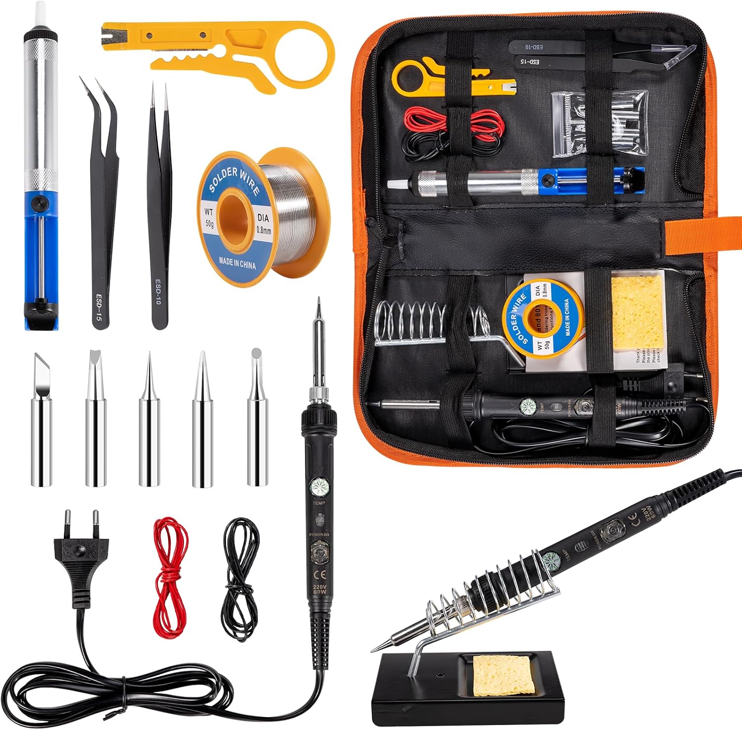 Kit fer à souder 16 en 1 60 W - Température réglable de 220 à 480 °C - Station de soudage - 5 pannes à souder, fil à souder, pinces et pompe à dessouder - Kit de soudure électronique pour travaux de
