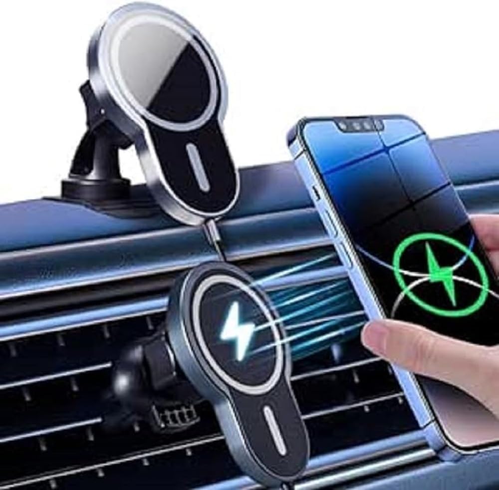 15W handyhalterung Auto mit ladefunktio, Kabelloses Auto Ladegerät Dual-Use Lüftung Armaturenbrett Kfz Magnetische Handyhalter mit Metallringen für iPhone 15 14 13 12 Pro Max Samsung Smartphone