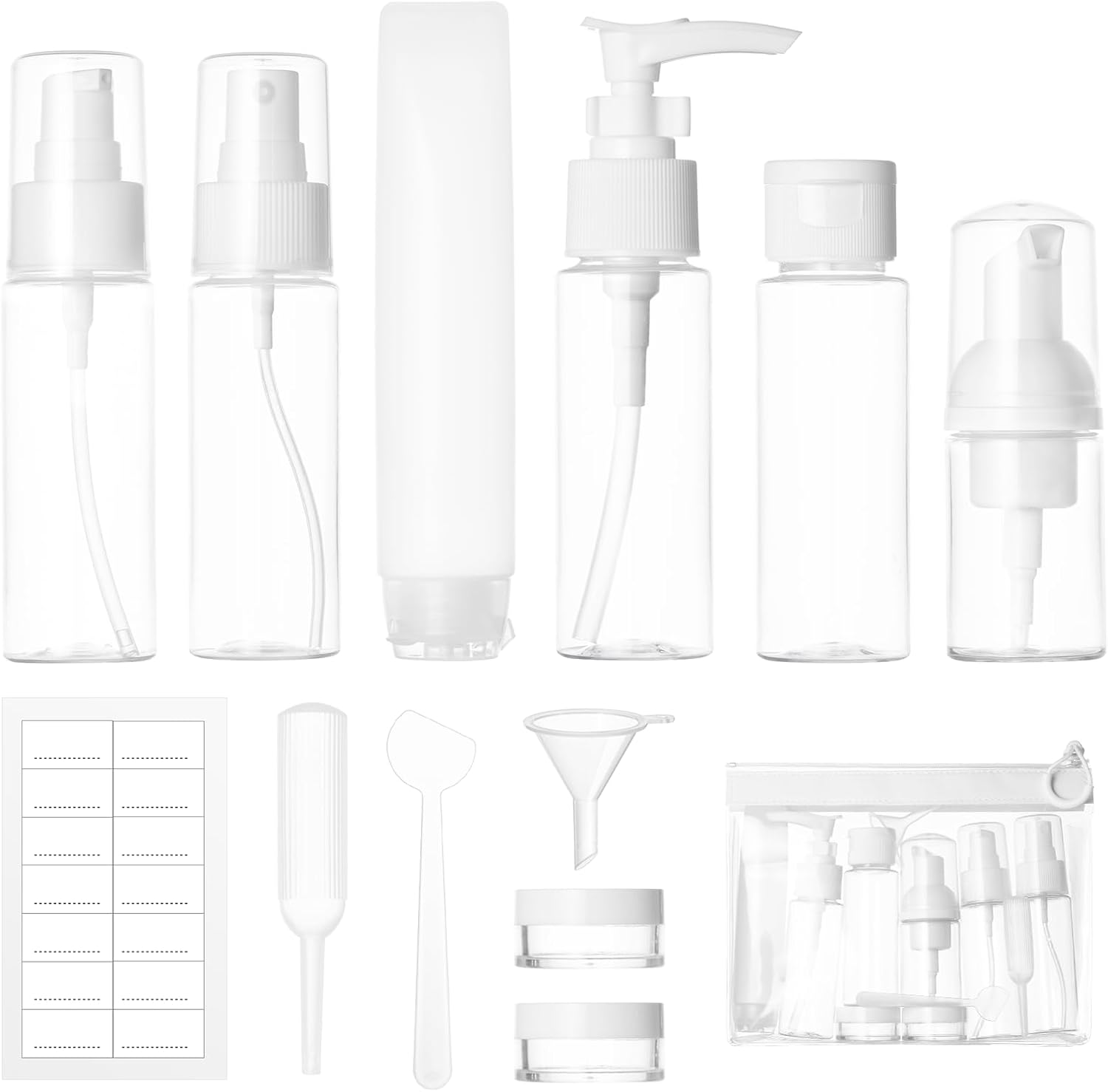 Lot de 12 flacons de voyage à remplir - 30/50 ml - Vaporisateur transparent - Petites boîtes de crème - Distributeur de mousse - Distributeur de shampoing - Accessoires de voyage pour cosmétiques