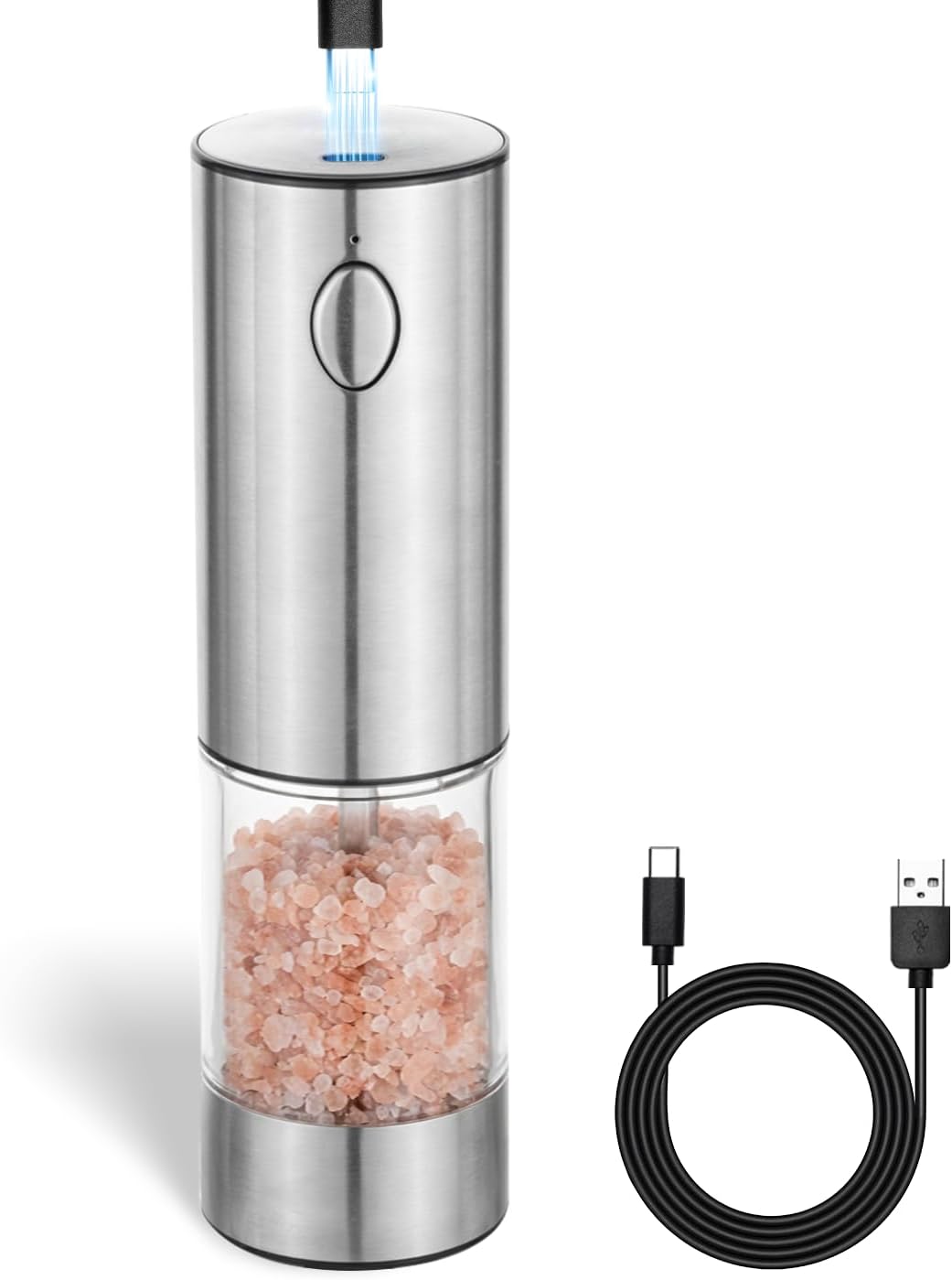 Moulin à sel et à poivre électrique, mécanisme de broyage en céramique en acier inoxydable réglable en continu, rechargeable par usb, avec brosse et fenêtre de visualisation
