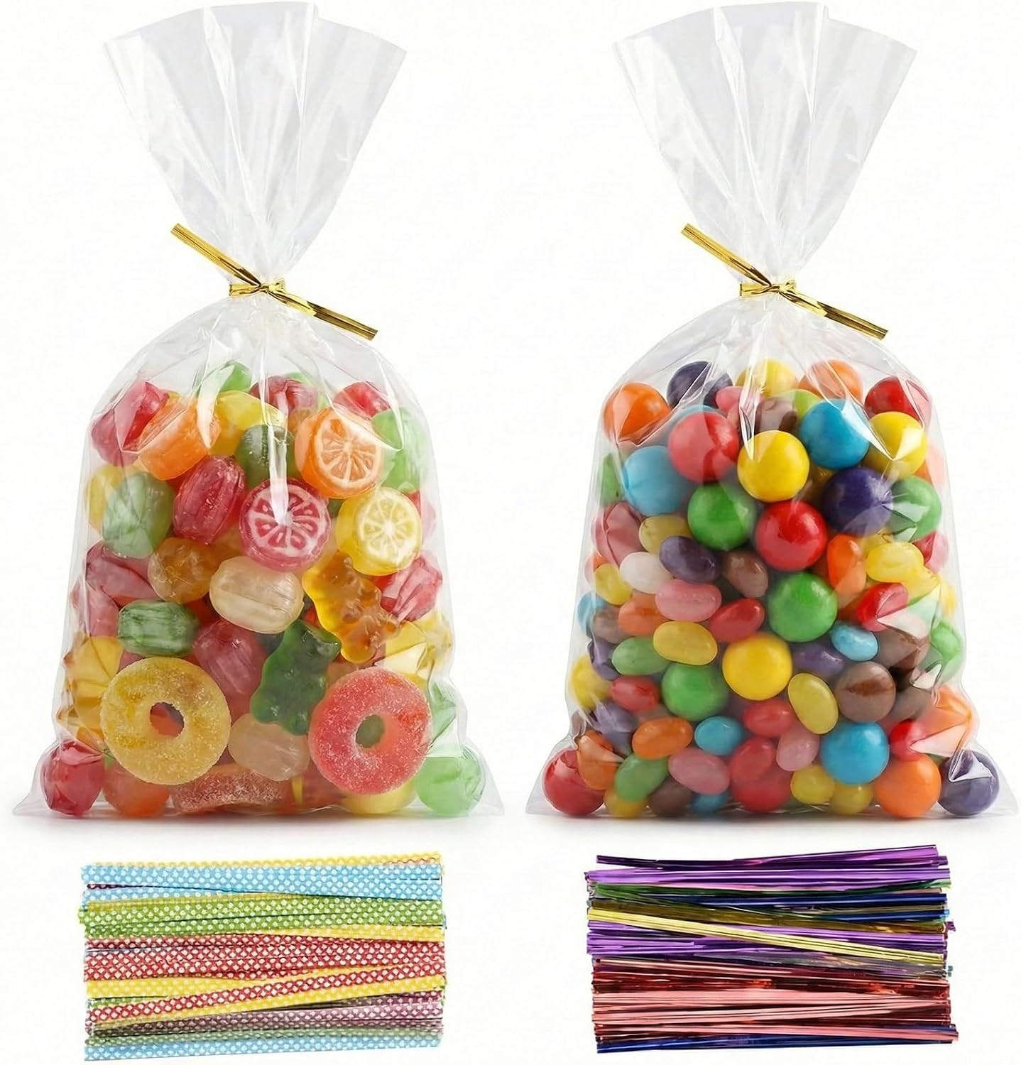 Lot de 200 sacs en cellophane transparents - 10 x 15 cm - À remplir - Avec 200 rubans métalliques - Pour bonbons, biscuits, pain, fruits, etc. Parfait pour les fêtes cadeaux