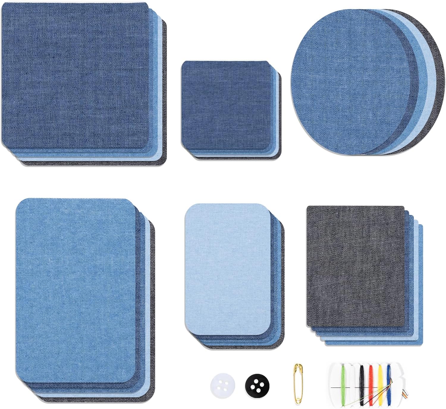 Lot de 30 écussons thermocollants en jean - 5 couleurs - 6 tailles - rectangle, carré, ovale, pour intérieur et extérieur, pantalons, adultes et enfants