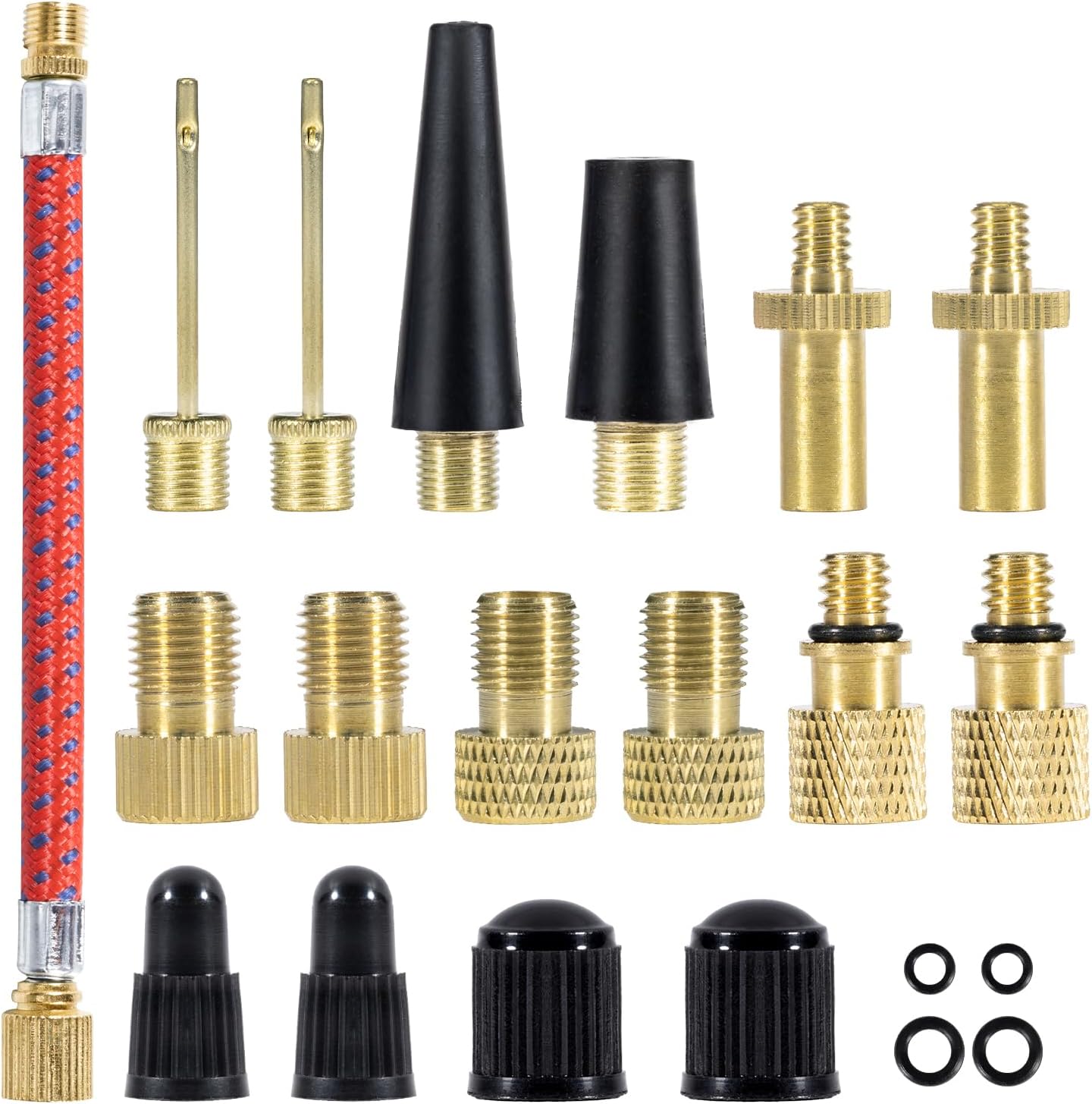 Carehabi Lot de 21 adaptateurs de valve de vélo - Adaptateur de valve française - Valve française avec aiguilles à bille - Adaptateur conique - Joints de valve - Adaptateur de pompe pour pompe à air
