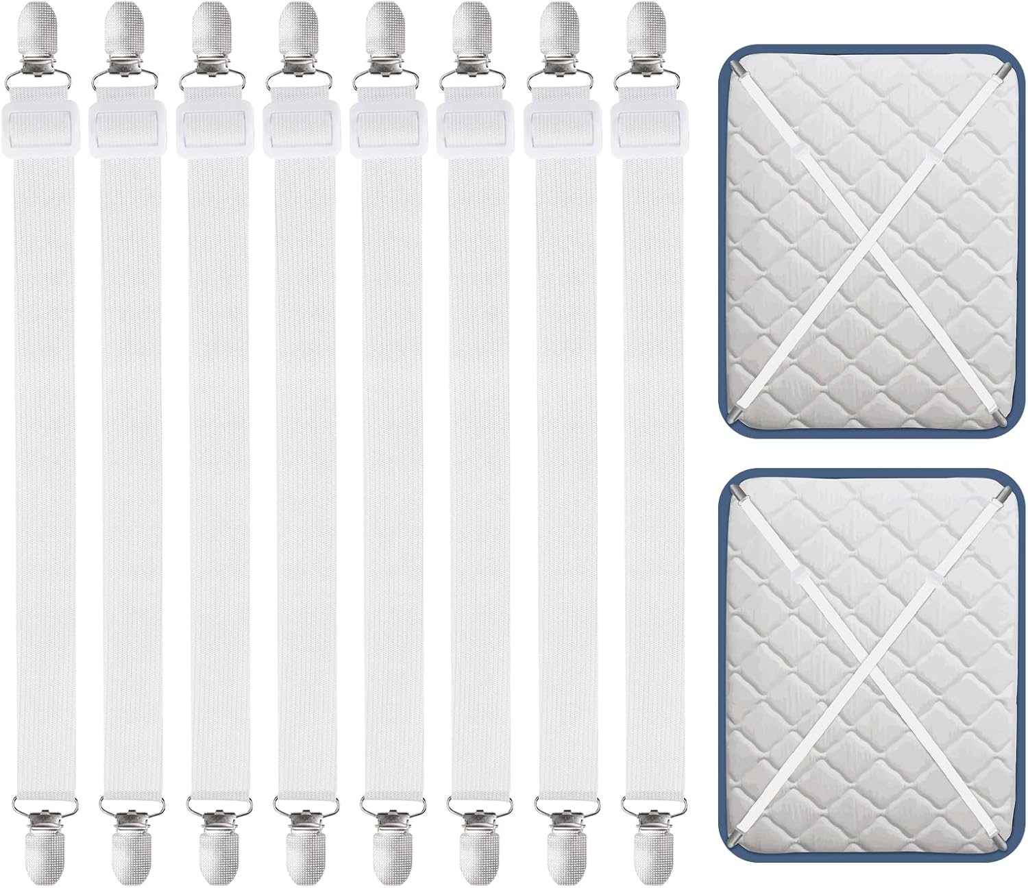 Carehabi Lot de 8 tendeurs de draps élastiques blancs réglables de 30 à 120 cm pour linge de lit, draps, matelas, planche à repasser ou canapé