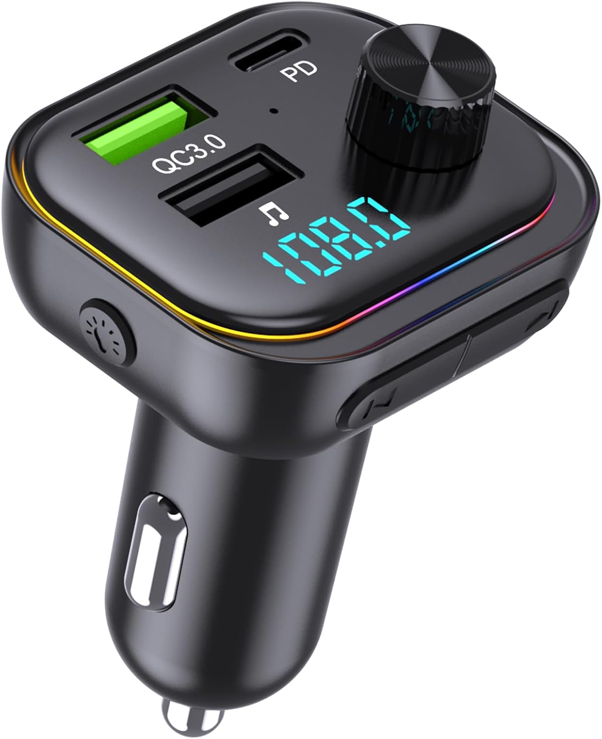 Trasmettitore FM Bluetooth per Auto 54W (PD 36W&18W) Radio Adattatori Vivavoce Car Kit Adattatore da auto con 3 porte USB Ricevitore radio wireless Display LED Unità USB da 32GB con luce ambientale