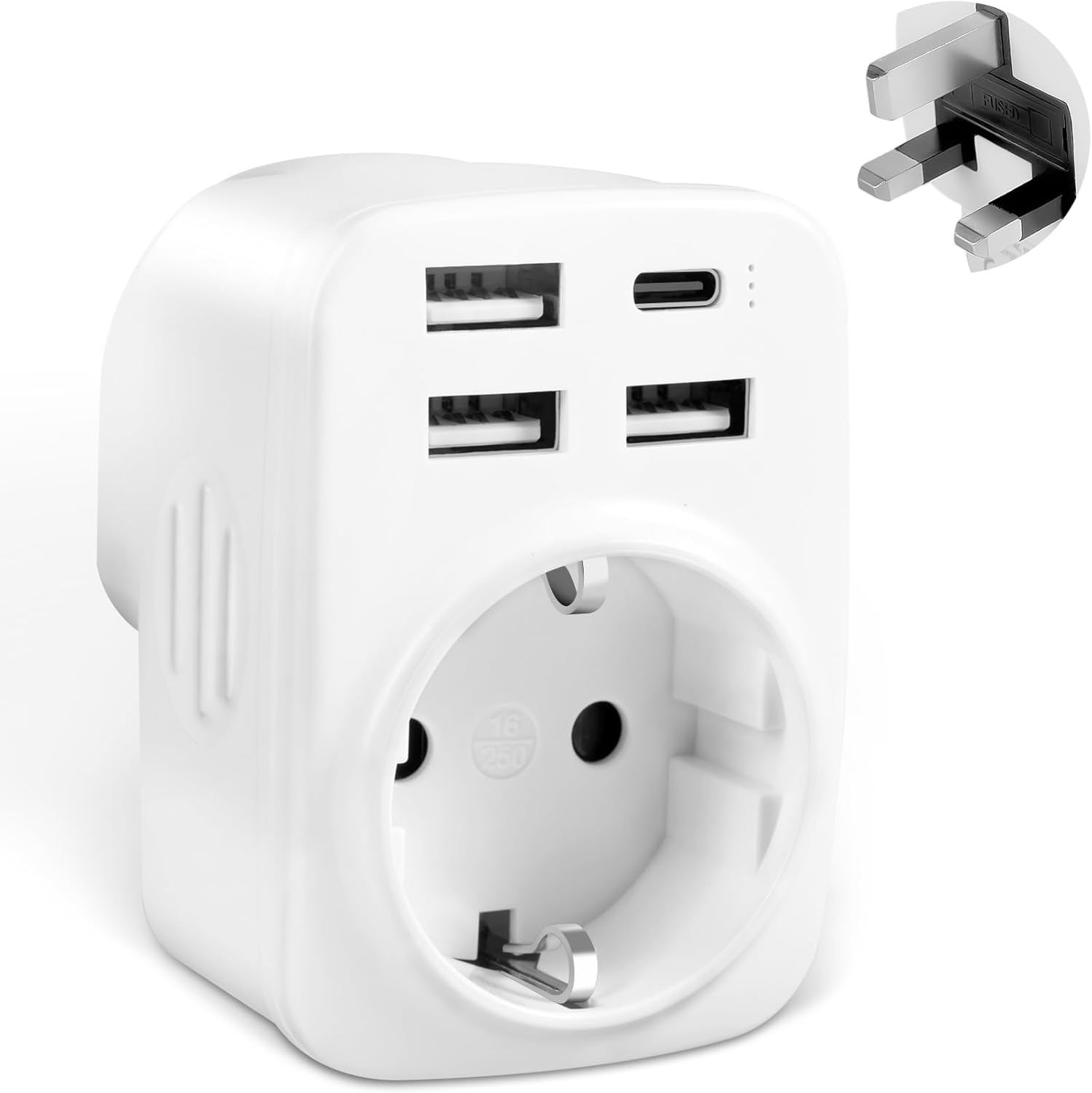 Adaptador Enchufe UK a Español con 3 USB-A y 1 USB-C para Reino Unido, Irlanda, Inglaterra, Escocia