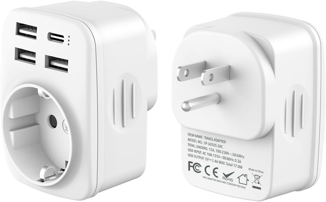 Carehabi Reseadapter USA-adapter Amerika tysk kontakt med 3 USB C 1 USB-C, uttagsadapter resekontakt strömadapter för Kanada Thailand Mexiko väggladdare laddningsstation