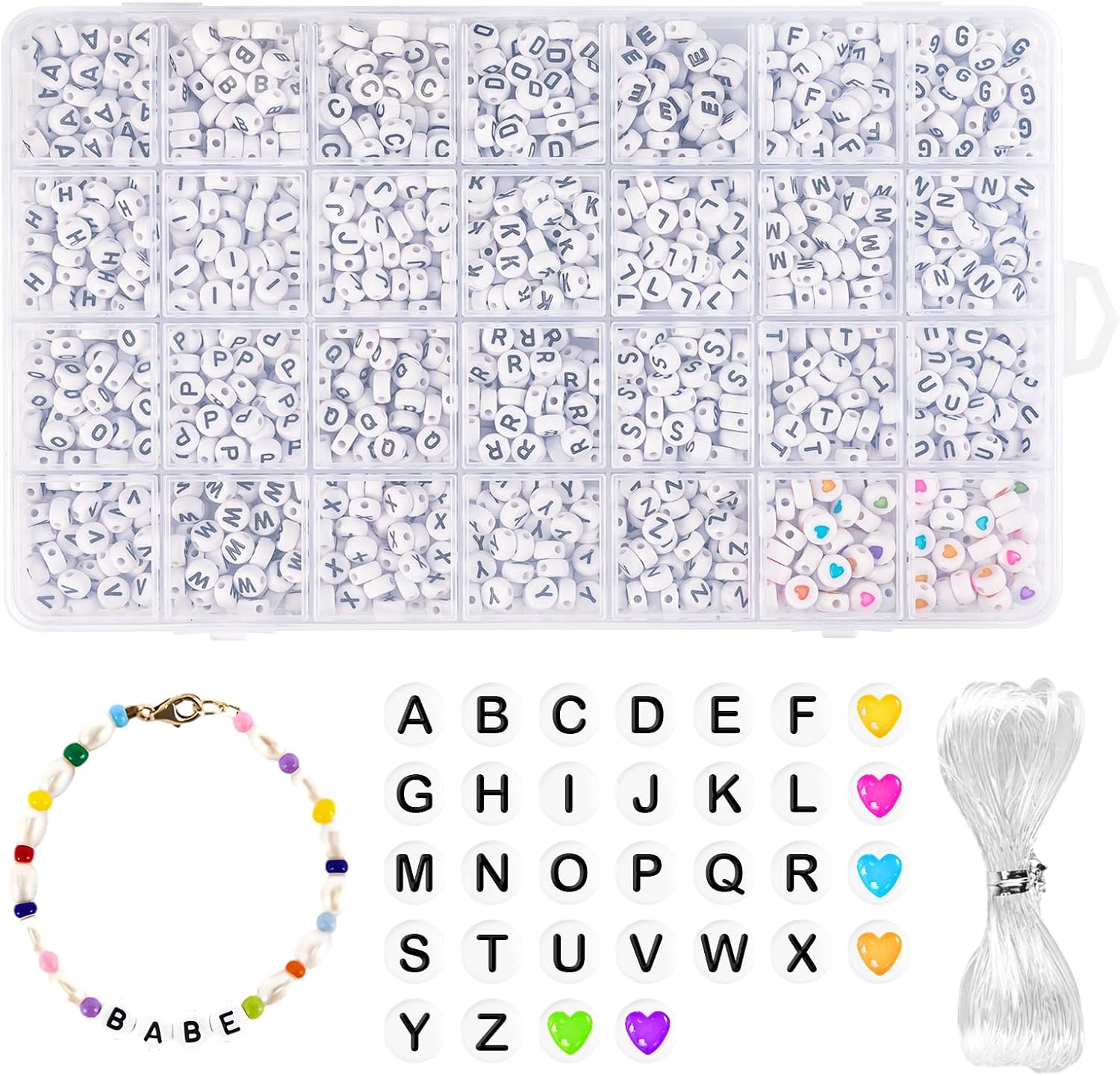 Lot de 1400 perles en forme de lettres de l'alphabet pour bracelets, perles en forme de cœur, noir et blanc, multicolores, avec bande élastique de 5 m, pour enfants, bracelets d'amitié, bandeaux,