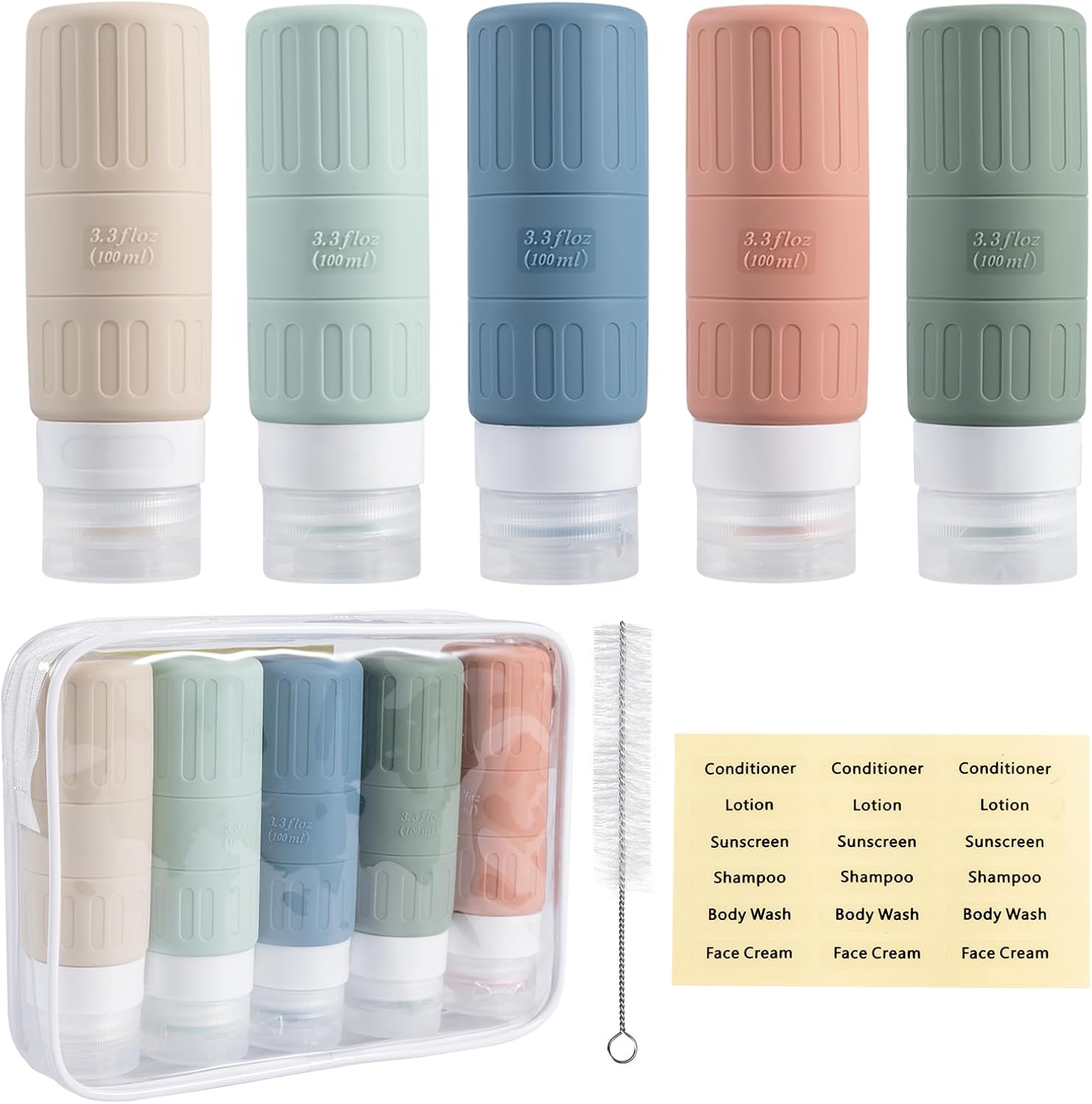 Carehabi Lot de 5 bouteilles de voyage en silicone de 100 ml à remplir, pour shampooing, gel douche, cosmétiques, bagage à main, avion
