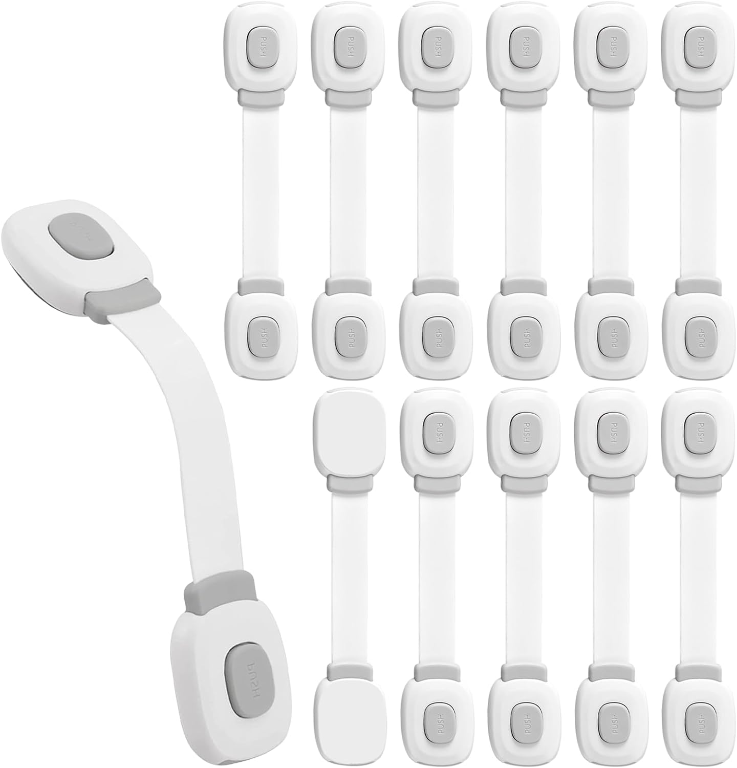 BillyBath Lot de 12 verrous d'armoire pour bébé, de qualité supérieure, pour tiroirs, réfrigérateur, siège de toilettes, avec adhésif puissant sans perçage, gris