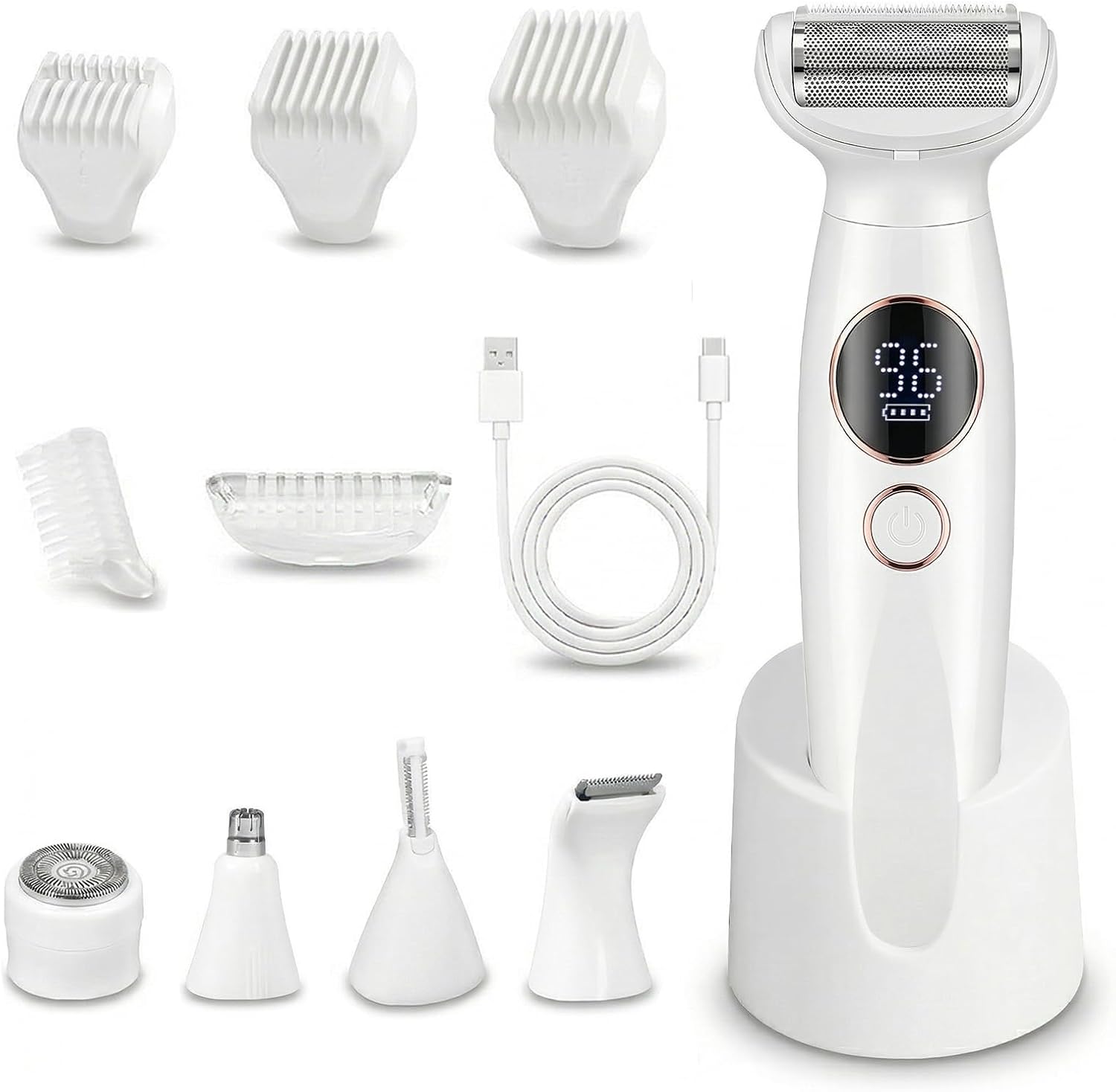 Carehabi Rasoir intime 5 en 1 pour femme, rasoir électrique, pour la zone intime IPX7, étanche avec station de charge USB, tondeuse pour le visage, les sourcils, le corps, le bikini