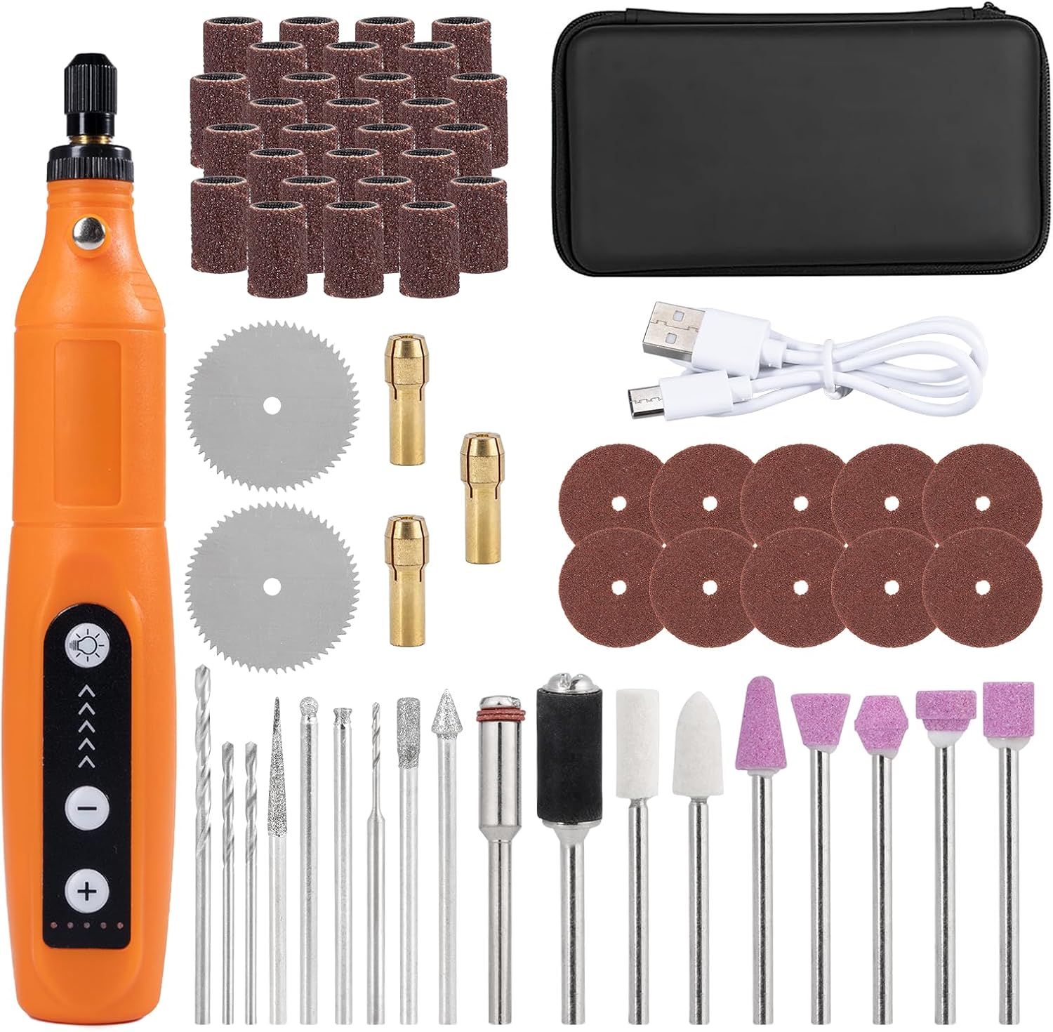 Carehabi Multiherramienta con batería, con luz LED, dispositivo de grabado de 3 velocidades (5000-15000 rpm), mini taladro de 3,7 V con 58 accesorios para taladrar, grabar, pulir, lijar, eliminar el