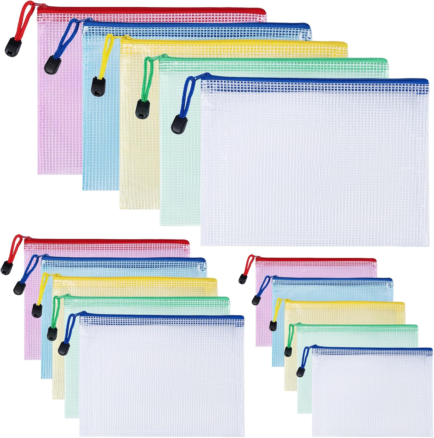 Carehabi Colourful Document Bag A3 + A4 + A5, 15 Pieces Waterproof Document Case, Mesh Bag with Zip, File Zipper Bag, Mesh Plastic Zip Bag for Documents, Cosmetics (3 Sizes)
