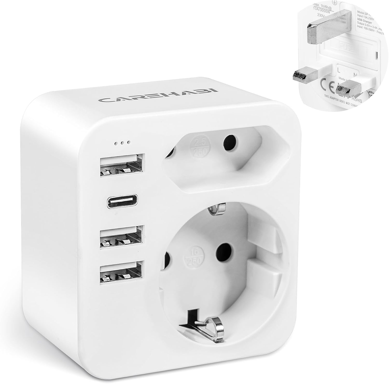 Carehabi Adaptateur Prise Anglaise, Prise Anglaise Adaptateur Francais avec 3 USB-A et 1 USB-C, Type G, Adaptateur UK, Adaptateur Prise Irlande, Prise Type G pour Angleterre Malte Malaisie
