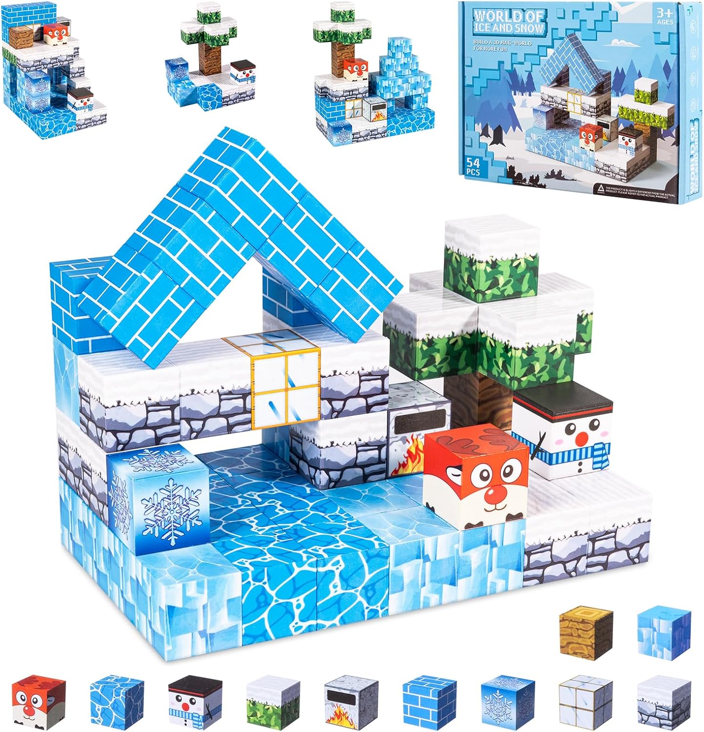 Carehabi Magnetische Bausteine - 54 Teiliger Bauklötze Set, Kreative 3D Bausteine für Kinder, DIY Schneewelt mit niedlichen Figuren, Lernspielzeug ab 3 Jahren