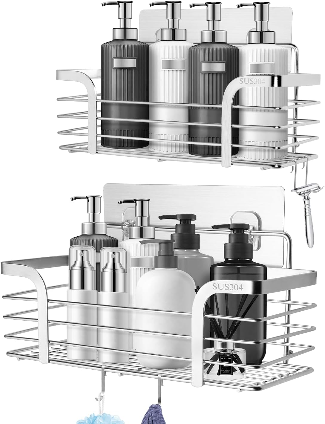 Carehabi Duschablage Ohne Bohren 2 Stück Badezimmer Organizer Duschregal Ohne Bohren Edelstahl Duschablage mit 4 Haken für Shampoo und Duschgel