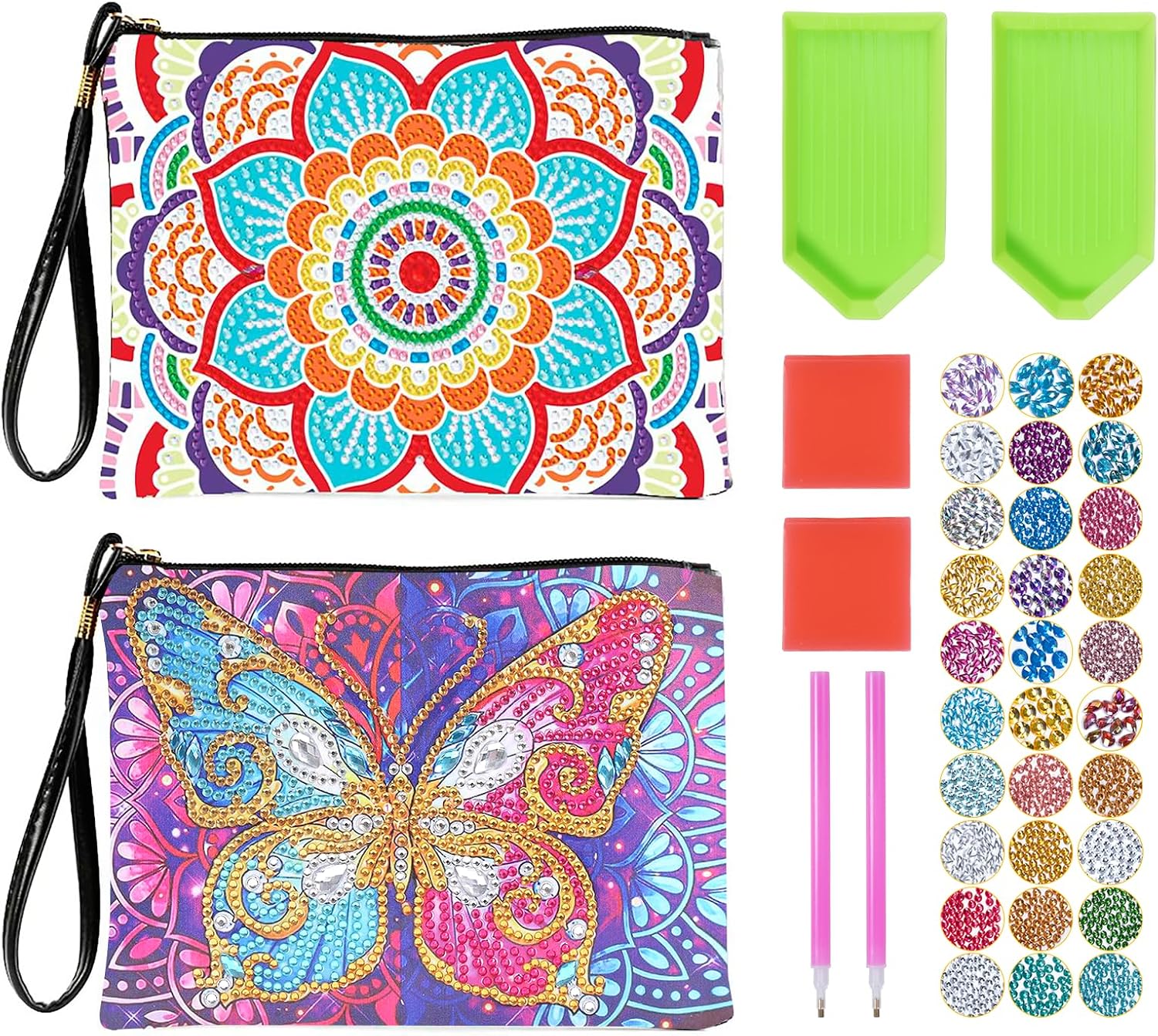 Carehabi Diamond Painting Kosmetiktasche, 2 Stück DIY Diamant Malerei Tasche mit Strasssteinen, Handgelenktasche für Damen, Make-up Tasche für Reisen Alltag, Mandala und Schmetterling Design