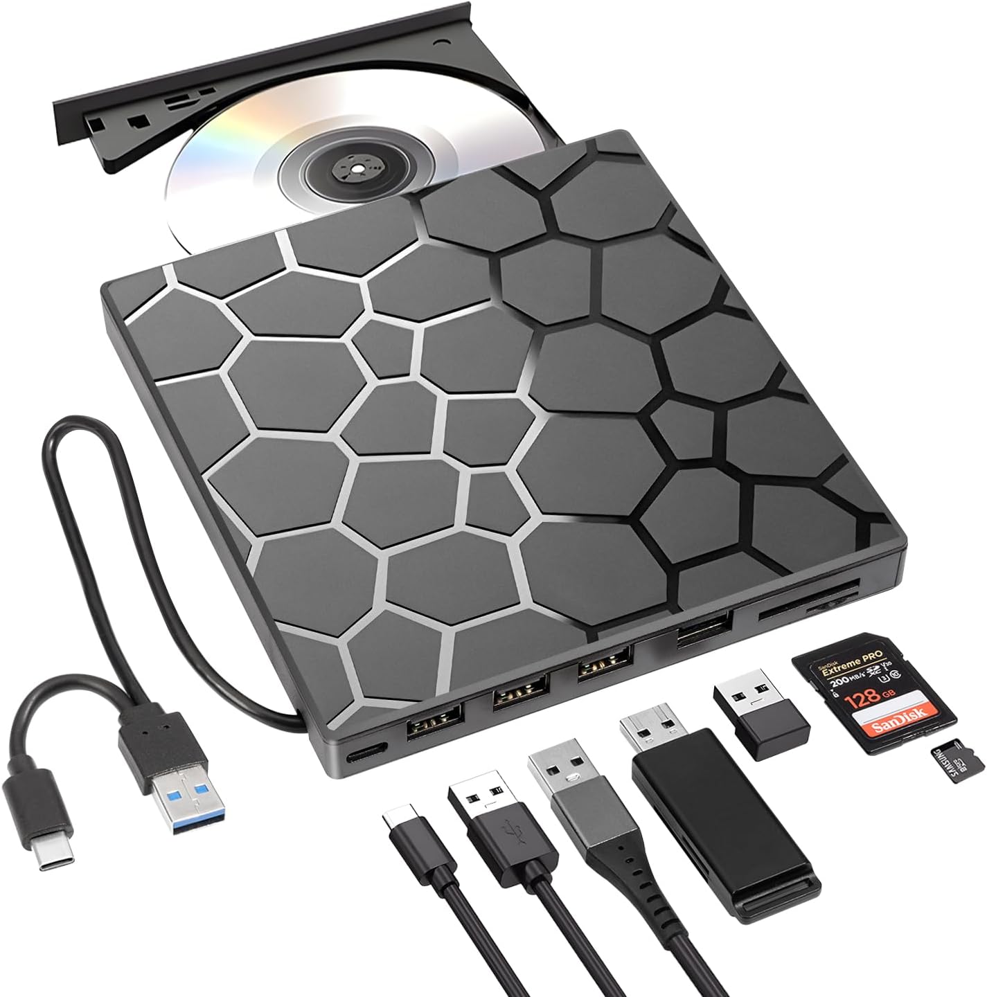Externer CD/DVD-Laufwerk für Laptop, DVD-Player für Laptop, 8-in-1 USB 3.0 Ultra-Slim tragbar, CD-Brenner externes Festplattenlaufwerk optisch kompatibel mit Desktop Mac, Windows XP/8.1/8/7 Linux
