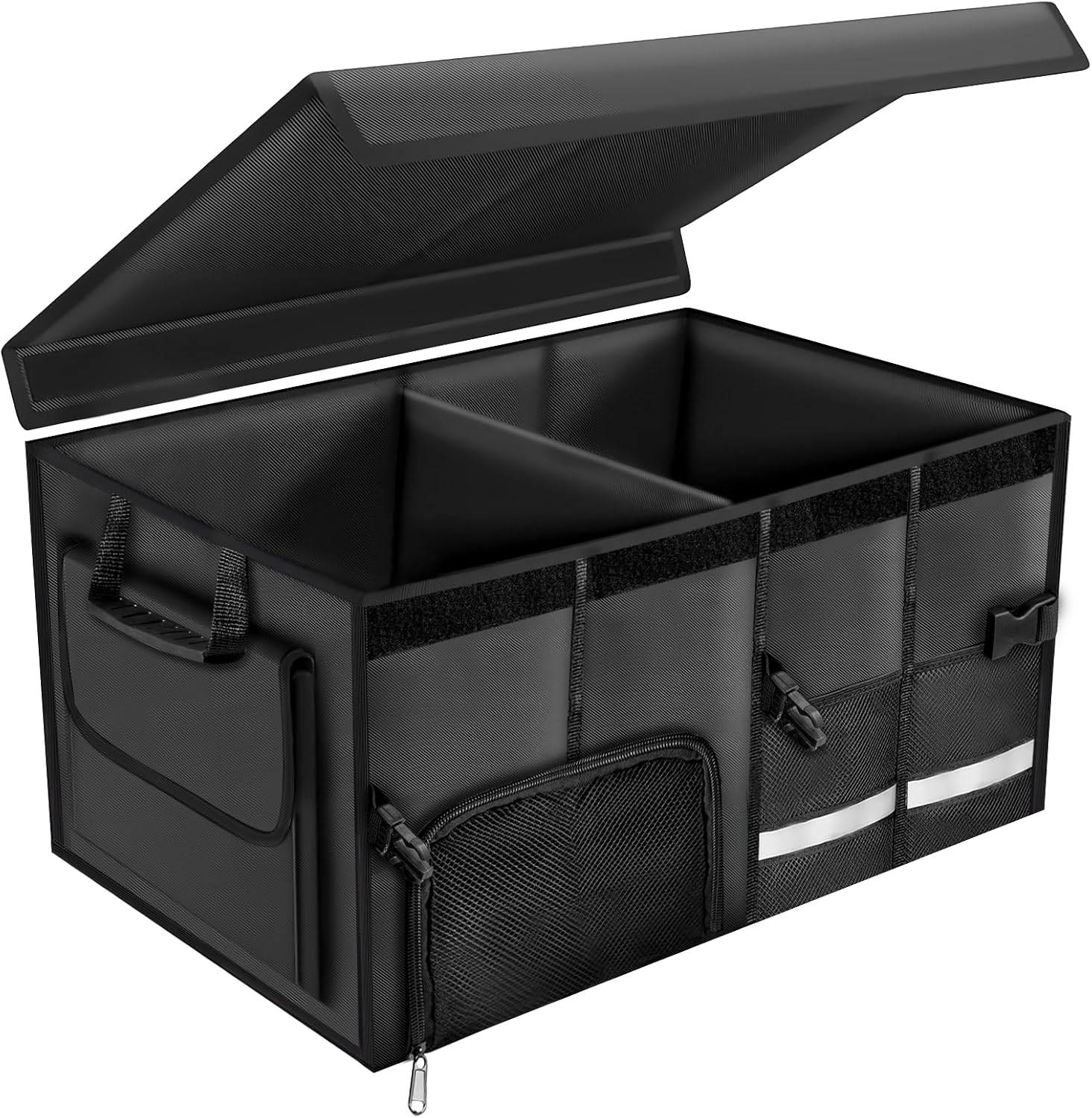 Carehabi Kofferraum Organizer 72L mit Deckel, XXL Faltbare Auto Kofferraumtasche mit Fächern & Taschen, Car Box Kofferraum Größenverstellbar, Auto Aufbewahrung Zubehör für Campen Picknick Einkäufe