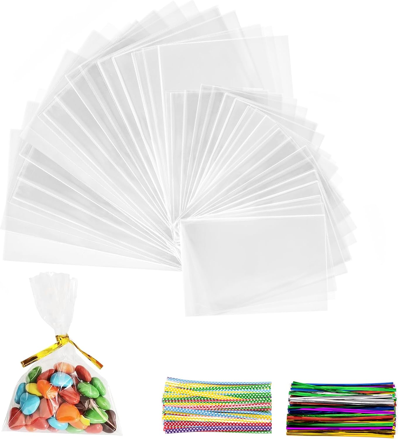 Lot de 400 sacs en cellophane transparents à remplir avec 400 bandes métalliques pour bonbons, biscuits, pain, fruits, etc. (25 x 15 cm + 10 x 15 cm)