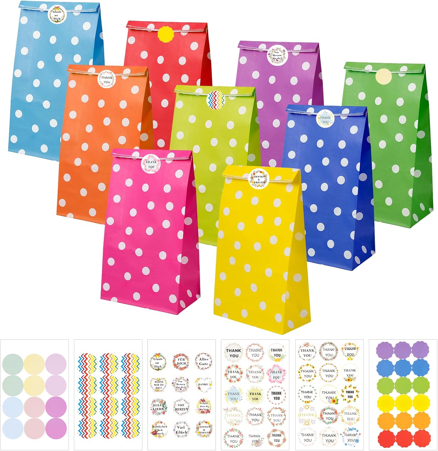 Carehabi Kindergeburtstag Papiertüten, 40 Papiertüten und 82 Aufkleber, 24 x 13 x 8 cm, Candy Tüten zum Verpacken von Geschenken, Giveaways, Kindergeburtstag, Hochzeit, Party, usw