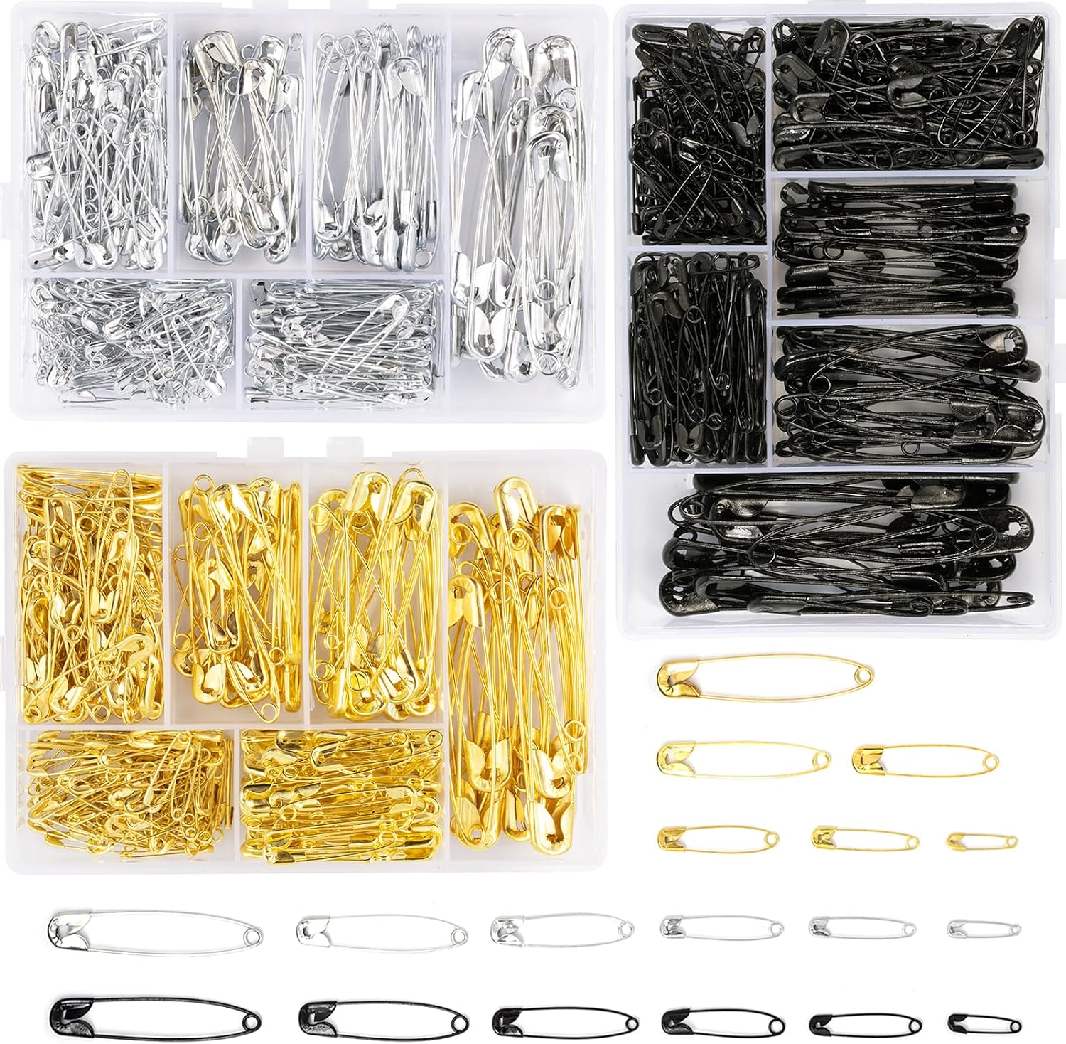 Kiperline Lot de 900 épingles à nourrice - 6 Tailles de 18 à 53 mm - Résistantes à la Rouille - Épingles à nourrice durables - pour vêtements, Artisanat, Couture (Argent + Noir + Or)