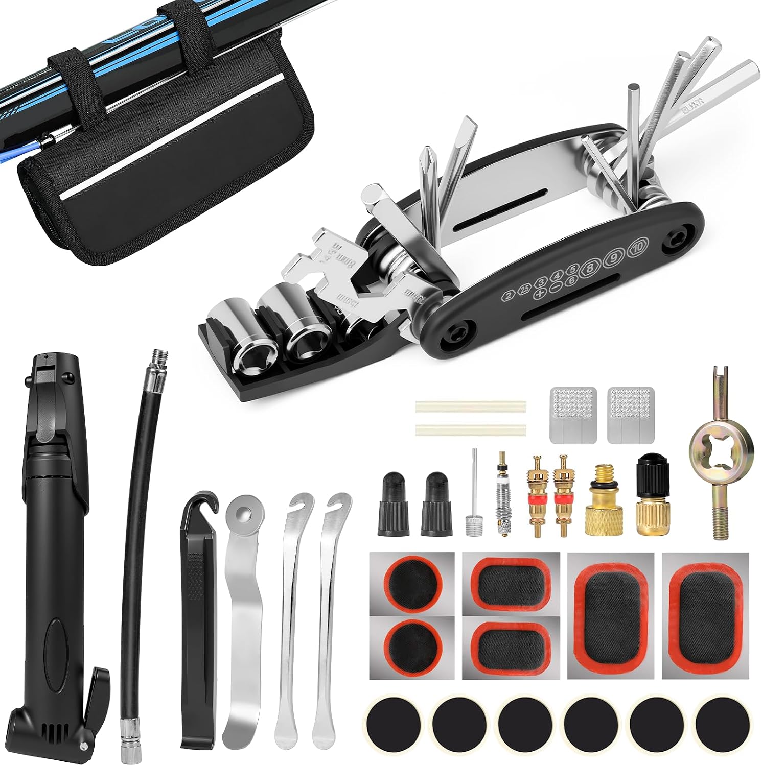 Carehabi Fahrrad Reparaturset 39 PCS Fahrradflickzeug Set Fahrrad Werkzeug mit 16-in-1 Multitool Fahrradpumpe Reifenheber Leimfreie Reifen Fahrradventil Fahrradreifen Reparaturset