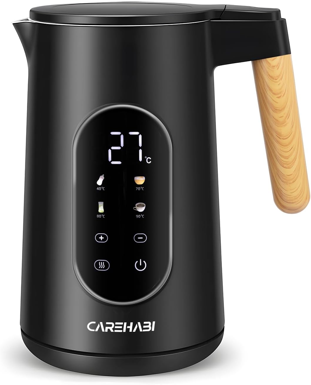 Carehabi Wasserkocher mit Temperatureinstellung 1.7 Liter Wasserkocher Edelstahl Schwarz 40°C-100°C 2200W LED Display Doppelwand Design Warmhaltefunktion