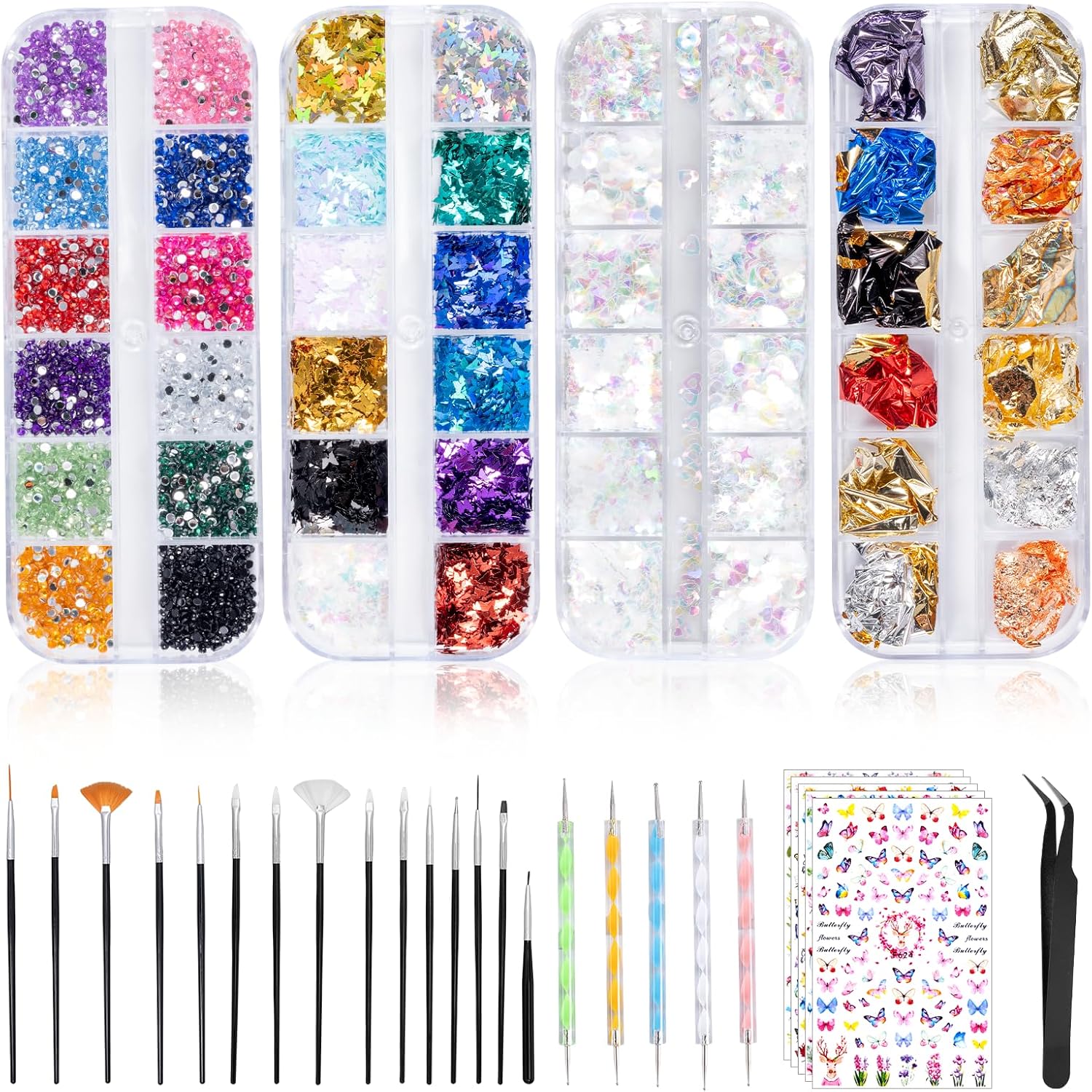 Kiperline Lot de 10000PCS strass pour ongles Kit, 15 Pcs Pinceaux Ongles Nail Art Brosses, 5 Pcs Dotting Pens Dotting Tool Nail Art, 5 Pcs Autocollants Nail Art, 4 Boîte de Strass Colorés