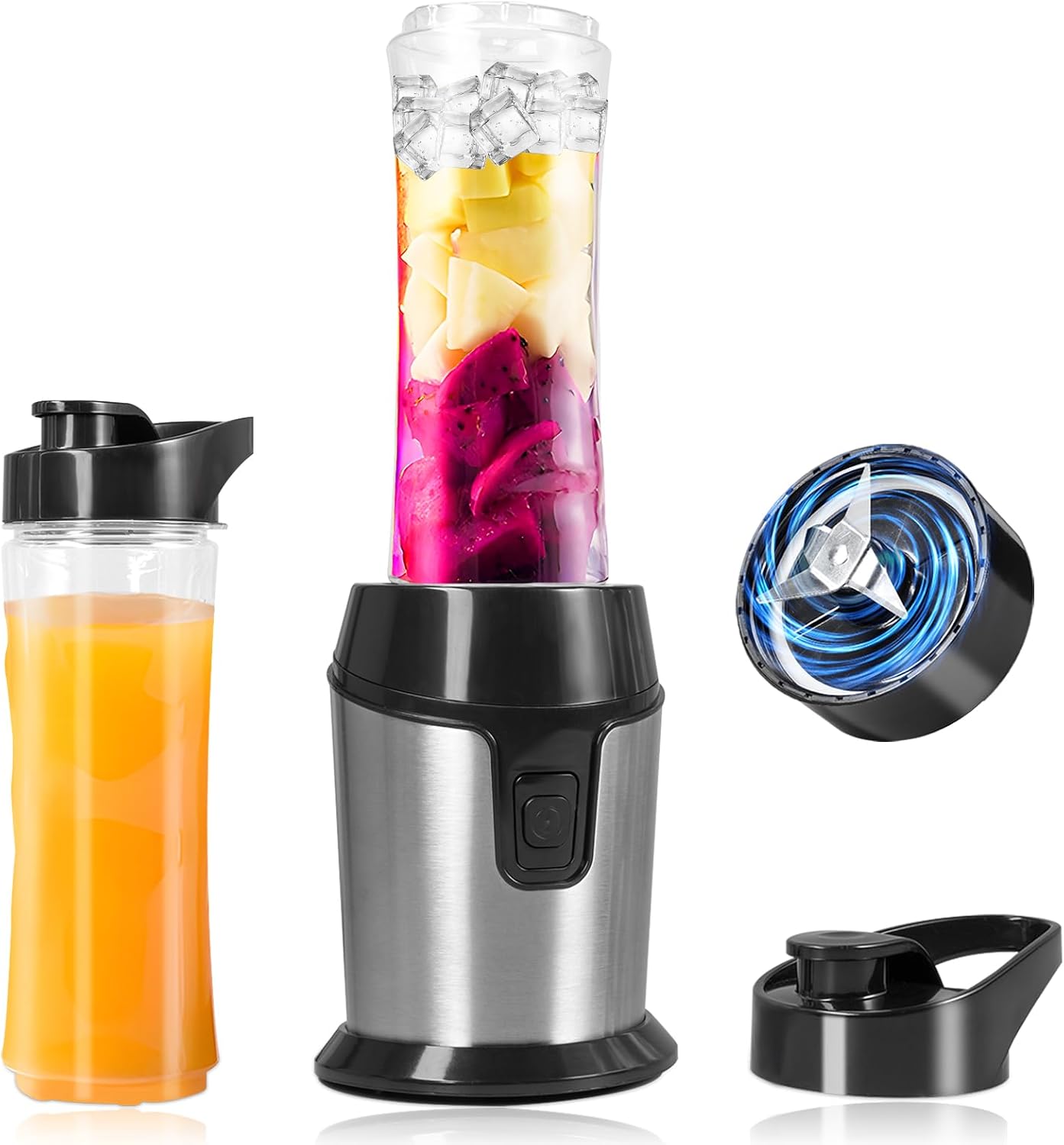 Frullatore Portatile Carehabi, Mini Frullatore e Smoothie Blender con 2 Bottiglie da 600ml (Senza BPA), Motore in Acciaio Inox 300W & 4 Lame per Frullati, Smoothies, Ghiaccio - Argento