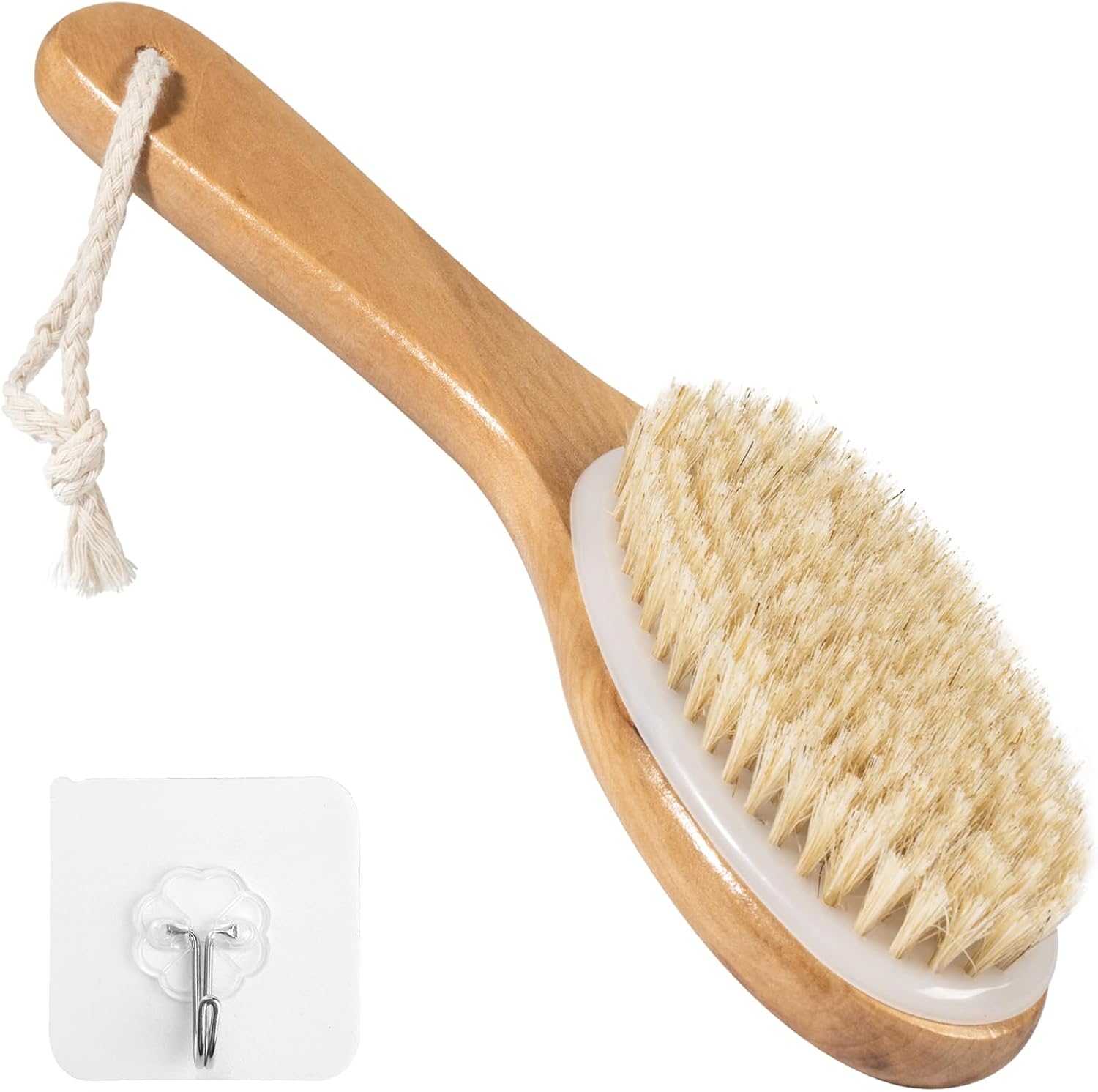 Dry Body Brush Natural Bristles Massage Brush Dry Brushing with Curved Handle for Cleansing, Exfoliating and Improving Blood Circulation