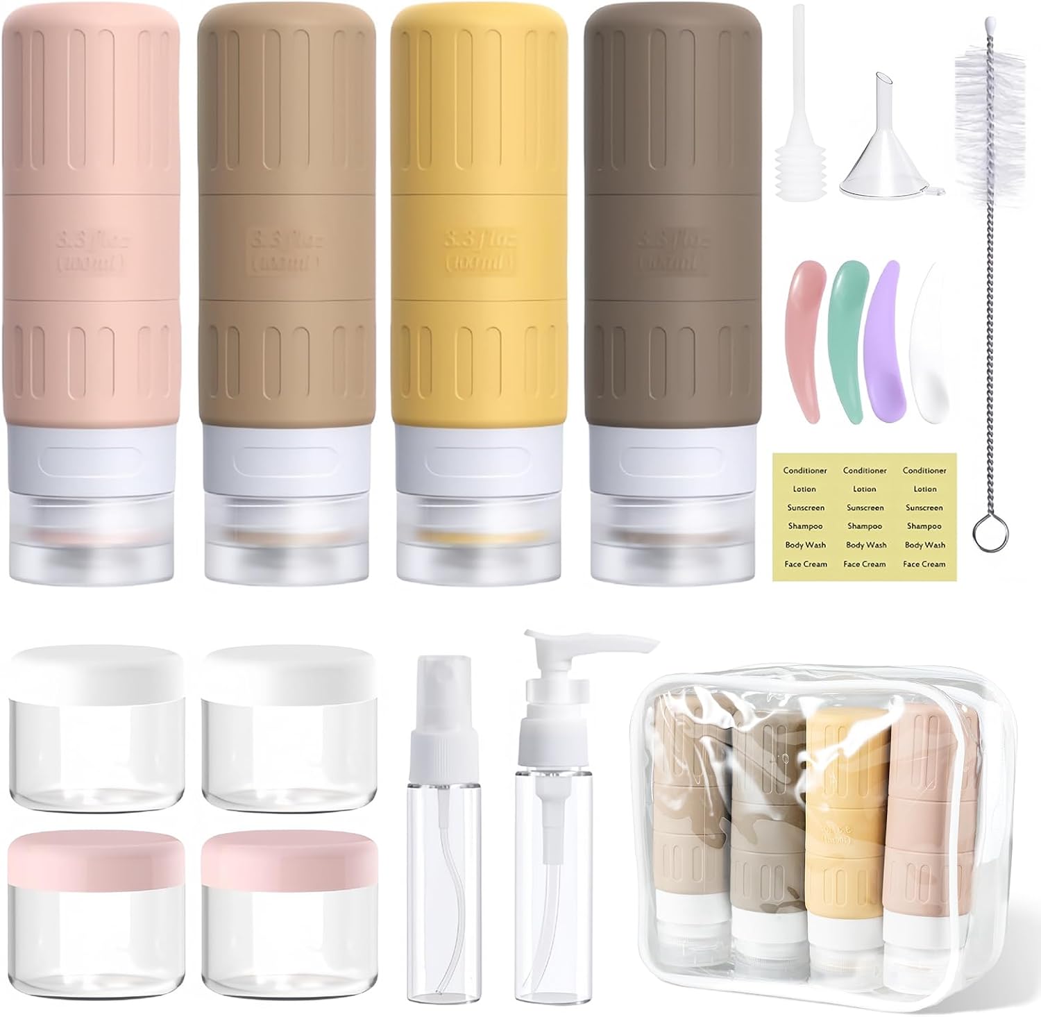 Carehabi Set di 19 bottiglie da riempire, 4 bottiglie da viaggio in silicone da 100 ml, da viaggio aereo, da 30 ml, bottiglia spray, piccole lattine per shampoo, gel doccia, liquidi cosmetici, gadget