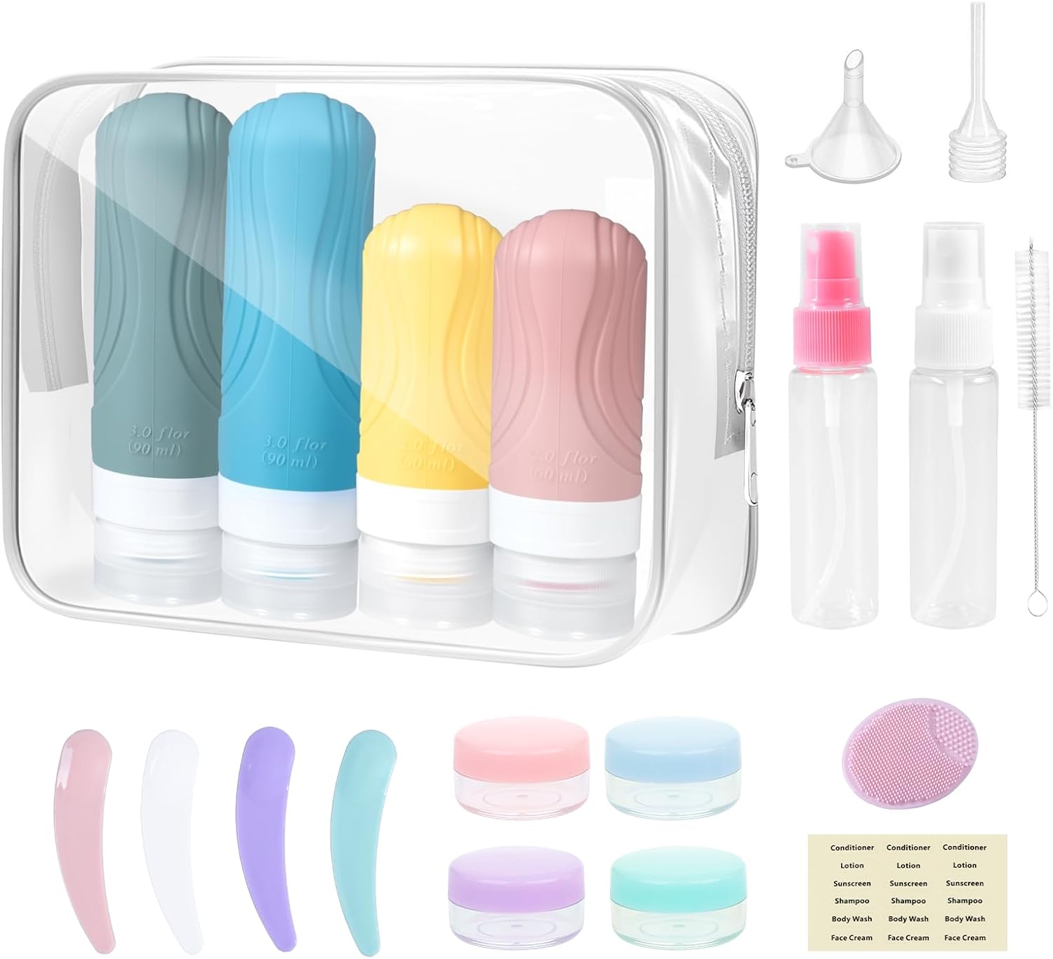 Carehabi 20 Stück Flaschen zum Befüllen set, 90ml+60ml Silikon Reiseflaschen Reisen Flugzeug, 30ml Sprühflasche, Pumpflasche, Kleine Dosen, Travel Gadgetsfür Shampoo Duschgel Kosmetik Flüssigkeiten