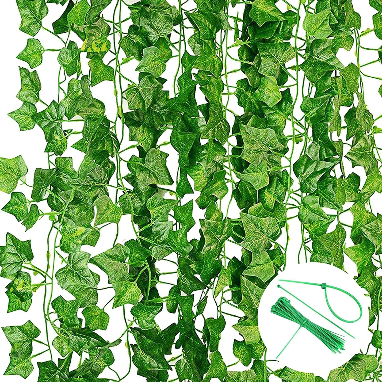 Pack of 12 Artificial Ivy Green with Nylon Cable Ties Plants Ivy Artificial Garland for Garden Wedding Party Wall Decoration - 2.2 m