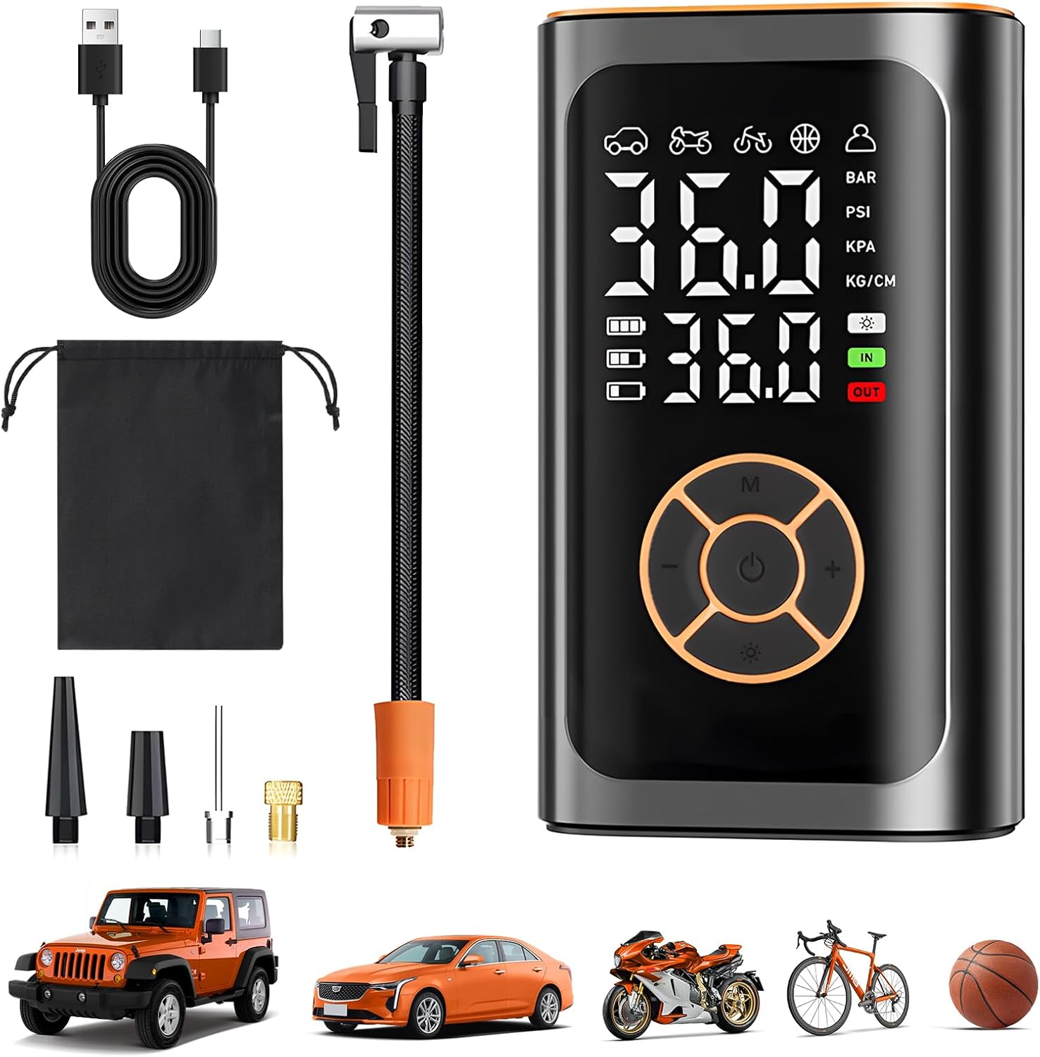 Pompe à air électrique - 4000 mAh et 150 PSI - Pompe à vélo pour pneus de voiture avec manomètre et lumière LED - Gonflage plus rapide - Mini compresseur pour voiture, vélo, moto