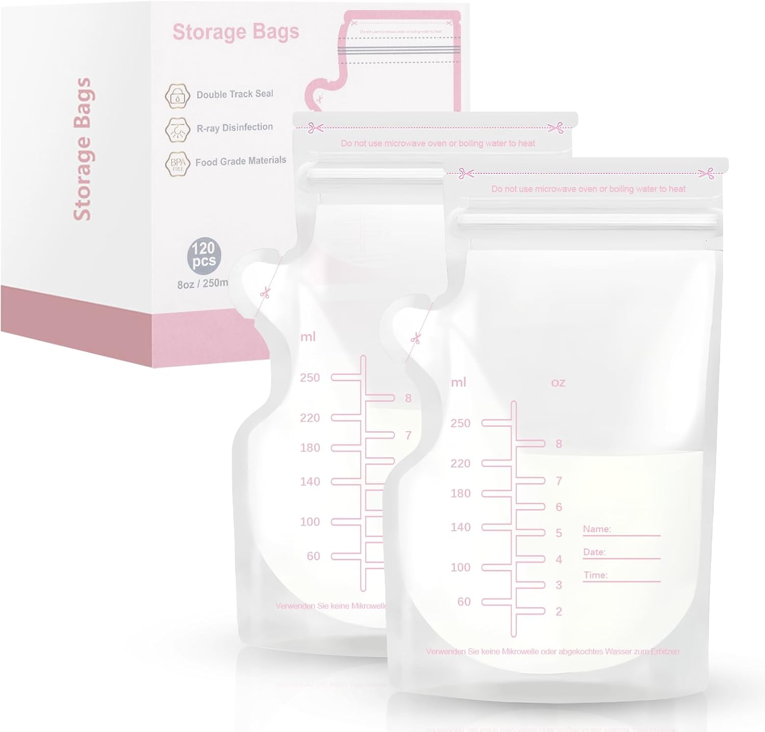 Pack of 120 Breast Milk Bags, 250 ml / 8 oz Breast Milk Sachets Freeze Breast Milk Containers for Breastfeeding BPA Free Leak-proof