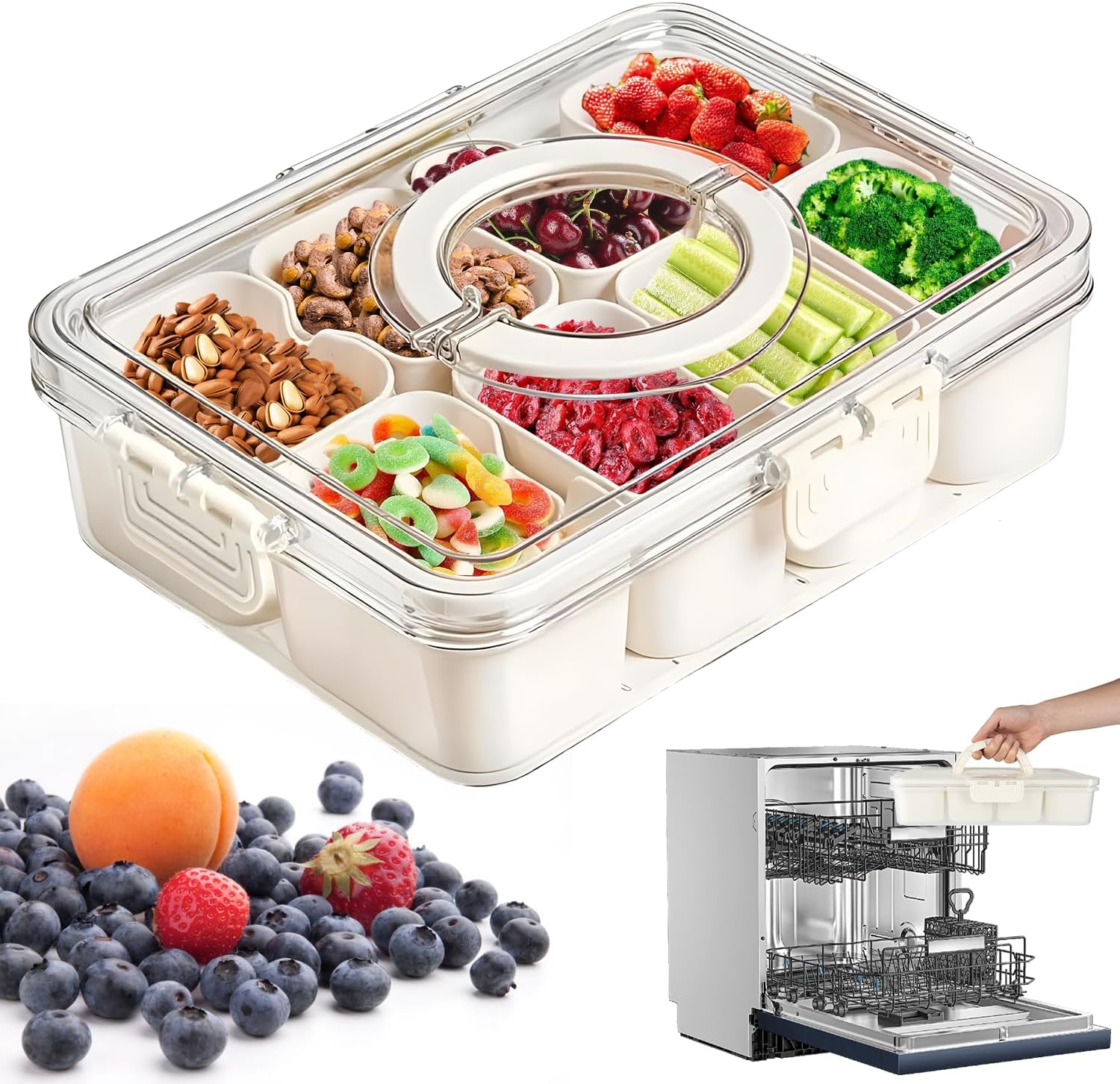 Carehabi Caja de aperitivos con 8 compartimentos, plato de aperitivos con tapa y asa, organizador para aperitivos, dulces, frutos secos, frutas, especias, para fiestas, picnics, viajes, lavavajillas