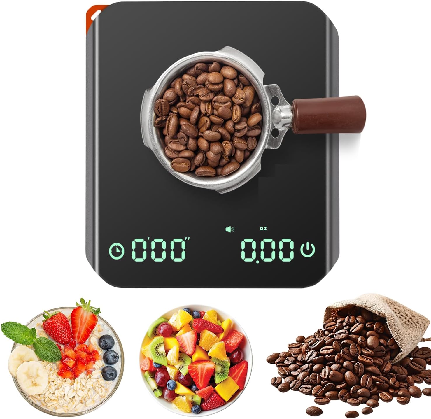 Carehabi Balance de cuisine numérique avec minuteur, 0,1 g, haute précision, 2 kg, mini balance à café avec coussin chauffant en silicone, rechargeable