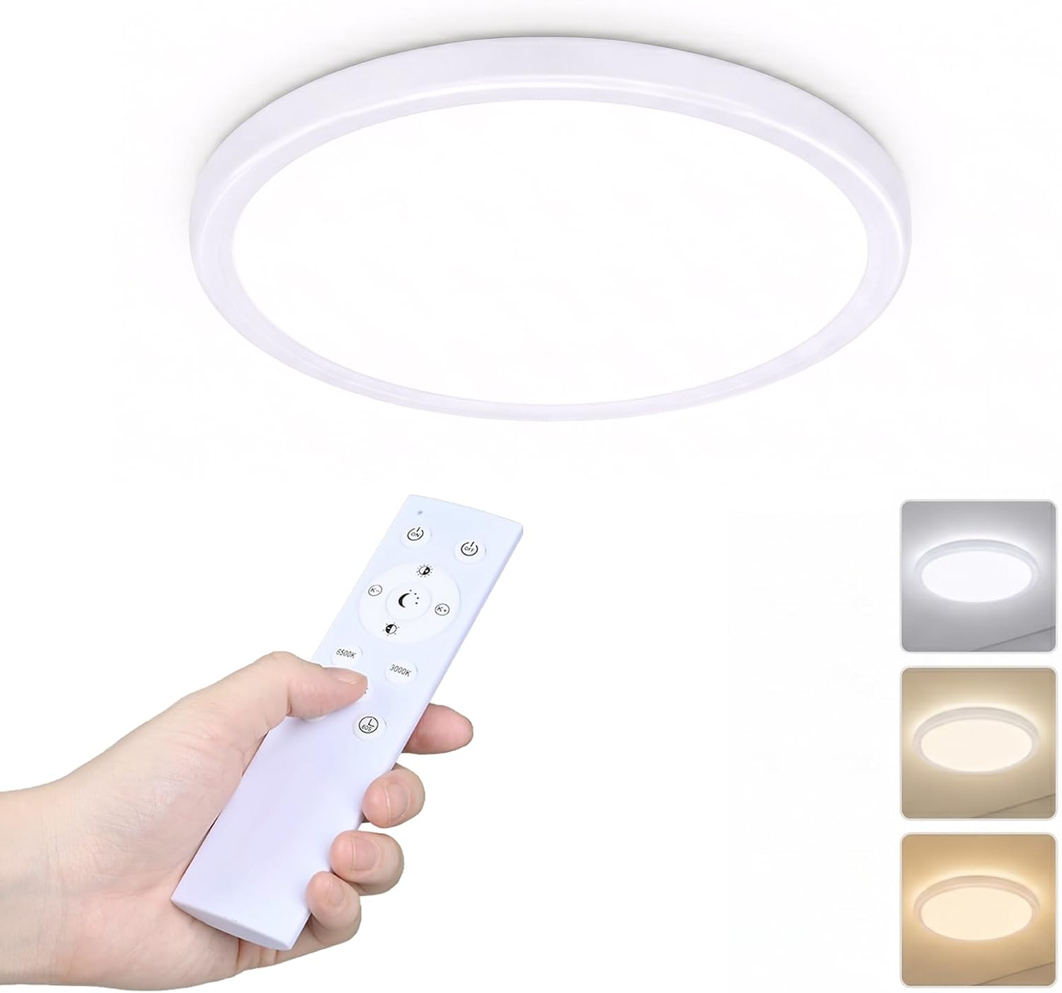 Plafonnier LED, Plafonnier à Intensité Variable Plat avec Télécommande, 3000 K - 6500 K, CRI ≥ 80 IP54 Étanche, 24W/ 2160LM, Lampe Ultra-Fine pour Chambre à Coucher, Salon, Chambre d'Enfant, Cuisin