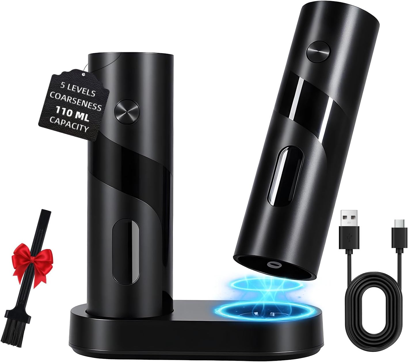 Set Moulin à sel et poivre électrique avec station de recharge, capacité 110 ml, broyeur à sel rechargeable avec 5 niveaux de réglage, broyeur en céramique avec brosse