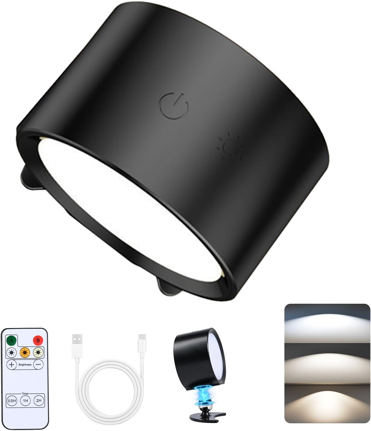 Carehabi Wandleuchte Innen, Wandlampe Innen, Wandlampe Akku, 3 Farben, 360° Drehbare, Dimmbare, Schnurlos Wandleuchte mit Entfernt,Timer für Arbeitszimmer, Schlafzimmer