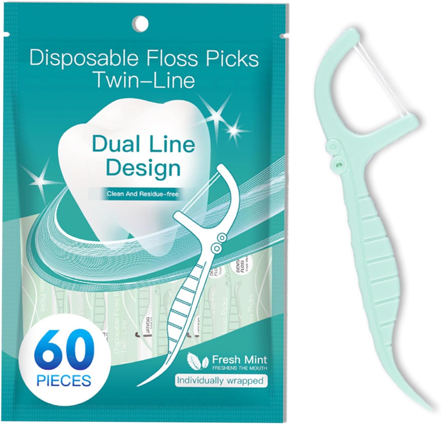 60 Hilo Dental de Dos Líneas con Sabor a Menta para el Cuidado Dental (Envueltos Individualmente) - Seda dental para Eliminar la Placa y los Restos de Comida