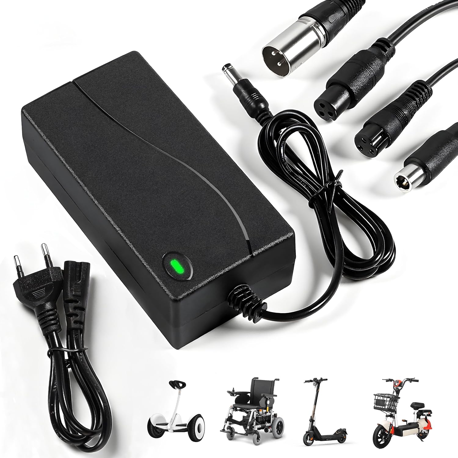 Cargador Patinete Eléctrico 42V 2A Universal (5 Conectores) – Compatible con Xiaomi, Ninebot Segway, Wispeed, UrbanGlide – Cargador Batería 36V para Hoverboard, Bicicleta Eléctrica y Scooter