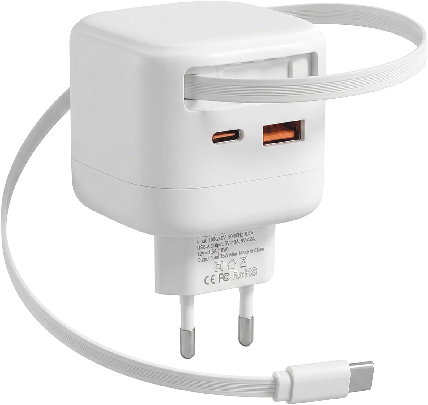 Carehabi Ładowarka USB C 35W 3 w 1 Szybka ładowarka Ładowarka z chowanym kablem USB C do telefonów komórkowych Tablety Komputery