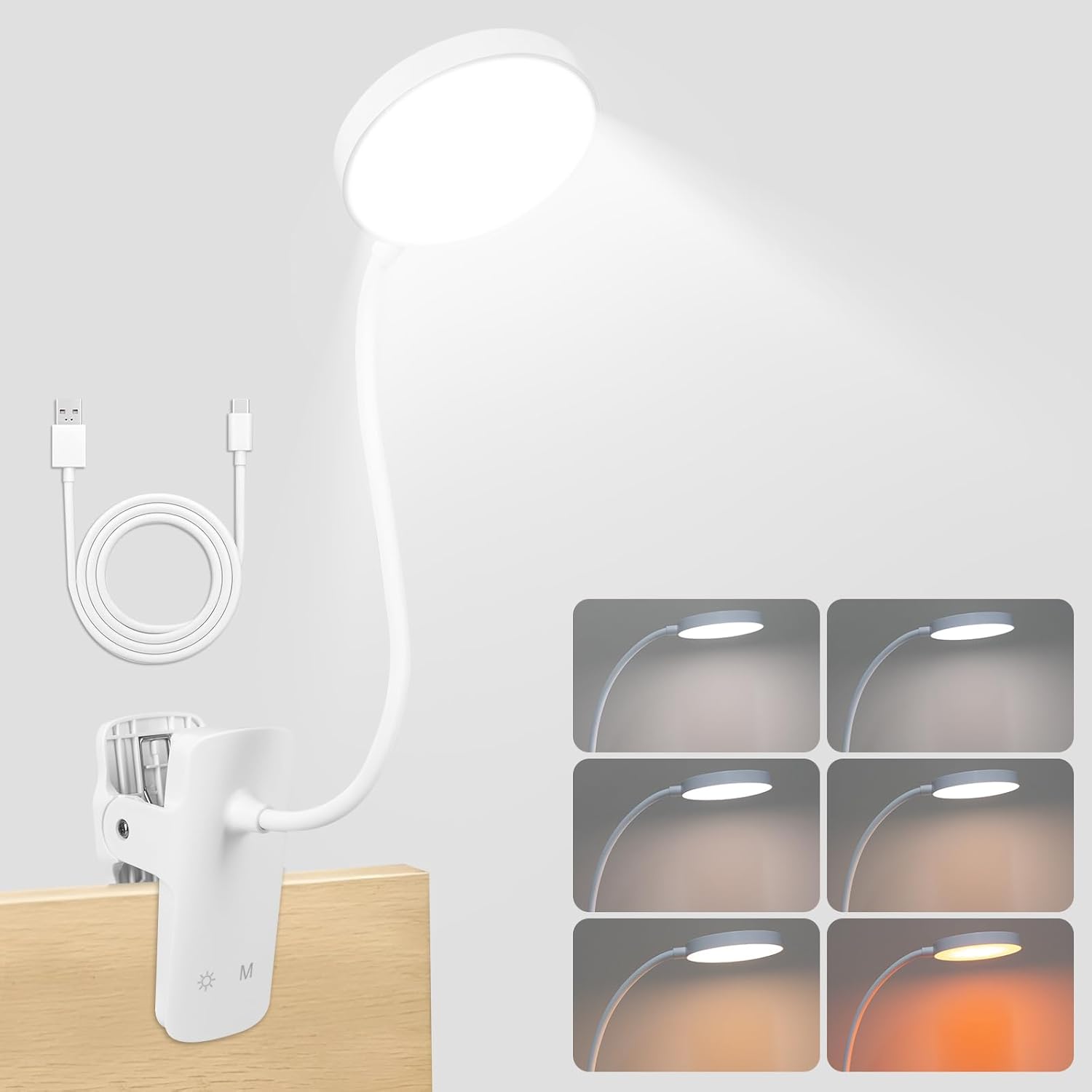 Lampe de lecture LED pour lit, lampe de lecture à pince, lampe de bureau avec 6 couleurs et 5 niveaux de luminosité, flexible à 360° avec col de cygne, IRC 80, lampe de lit parfaite pour étudier et