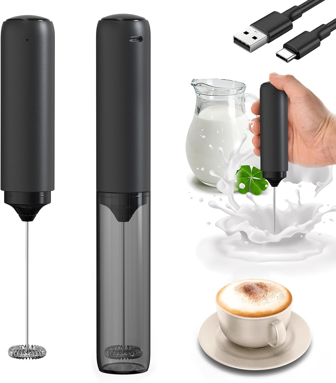 Mélangeur à lait rechargeable portable, mousseur à lait électrique avec tube de conservation, mixeur manuel portable 14 000 tr/min pour matcha lait, cappuccino, cadeaux de cuisine